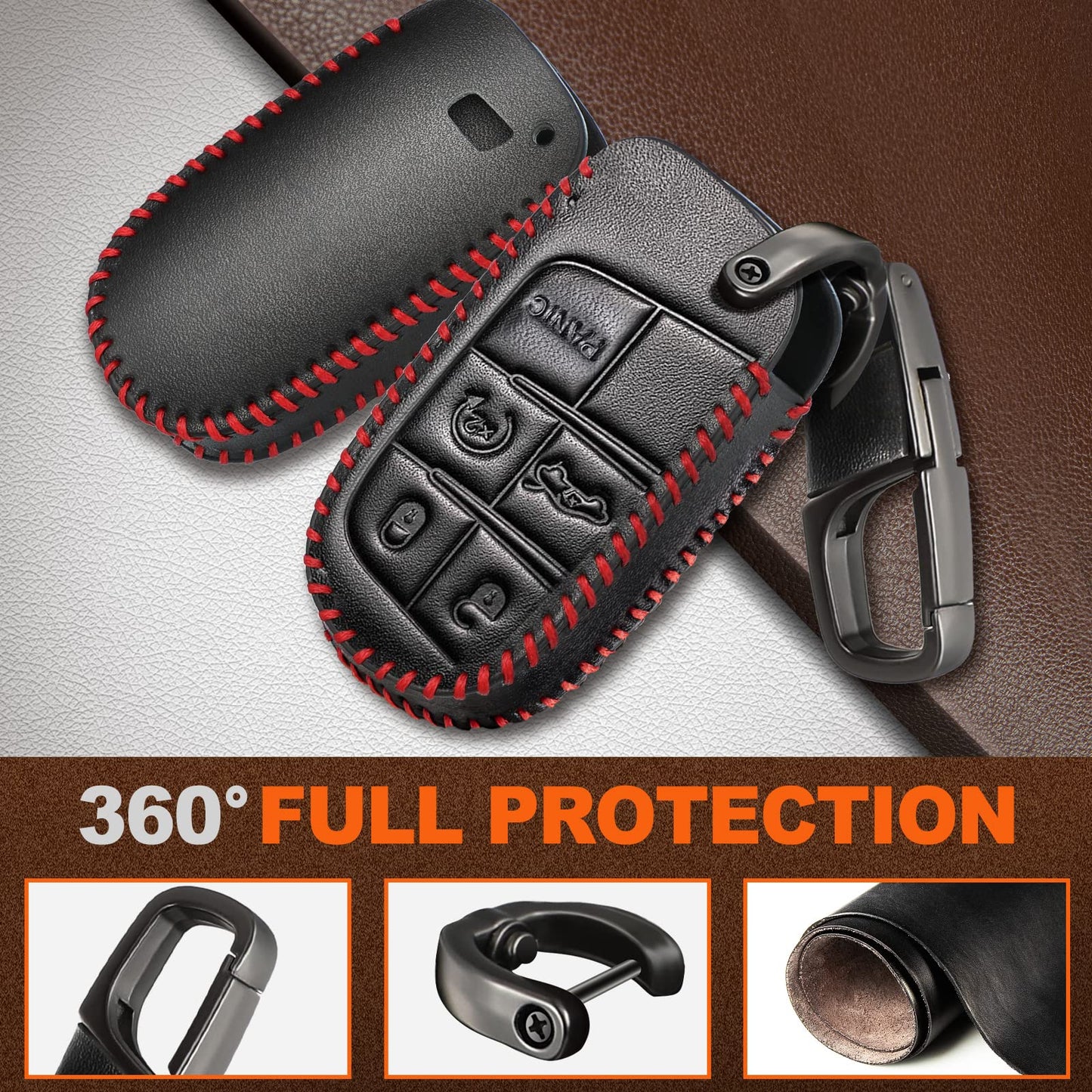 Slohif Key Fob Cover Keychain Accessories for Jeep for Grand Cherokee Renegade Chrysler 200 300 Dodge RAM Durango Charger Challenger Journey Dart Fiat 5 Buttons, leather Case+D-Ring+Hook(Black)