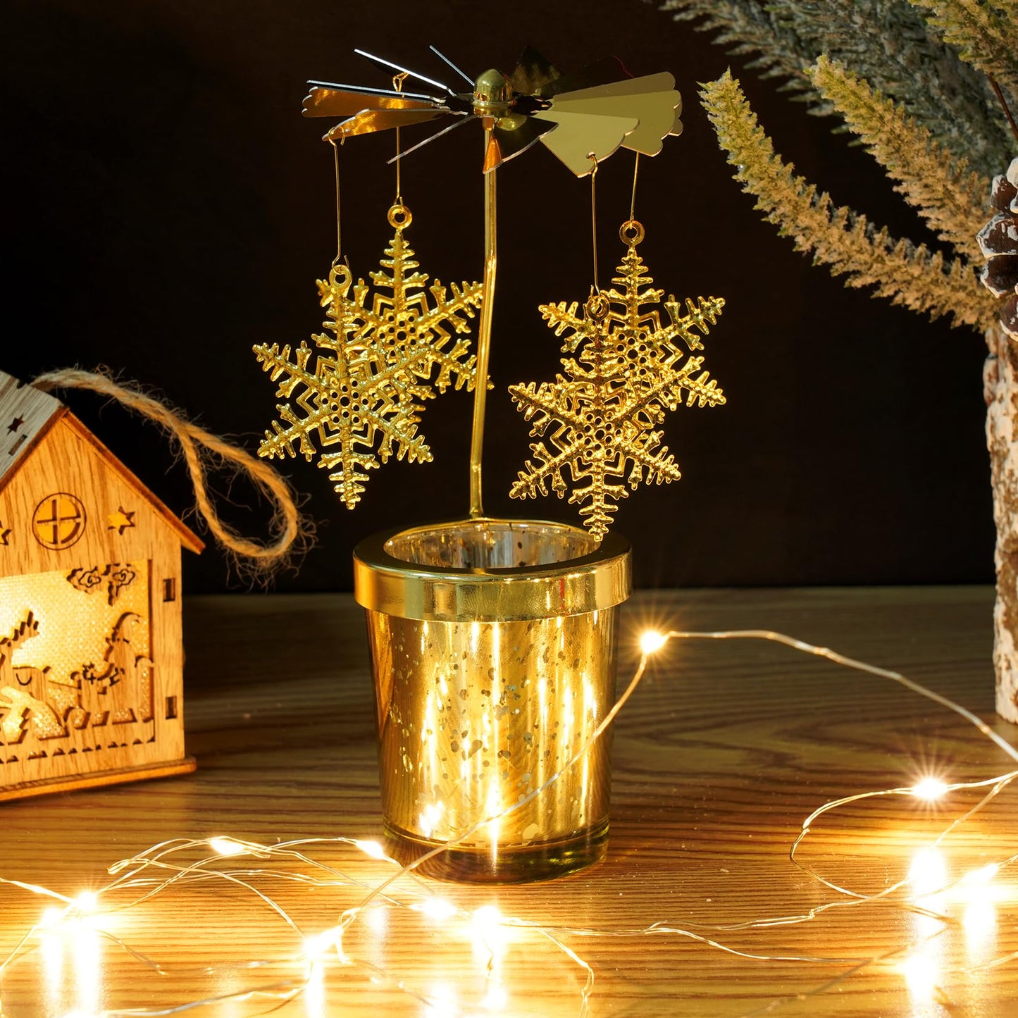 Rotating Candlestick Spinning Tea Light Candle Holder Gold Glasses Rotary Tealight Holders Christmas Anniversary Birthday Party Table Centerpieces Revolving Decoration (Snowflake)
