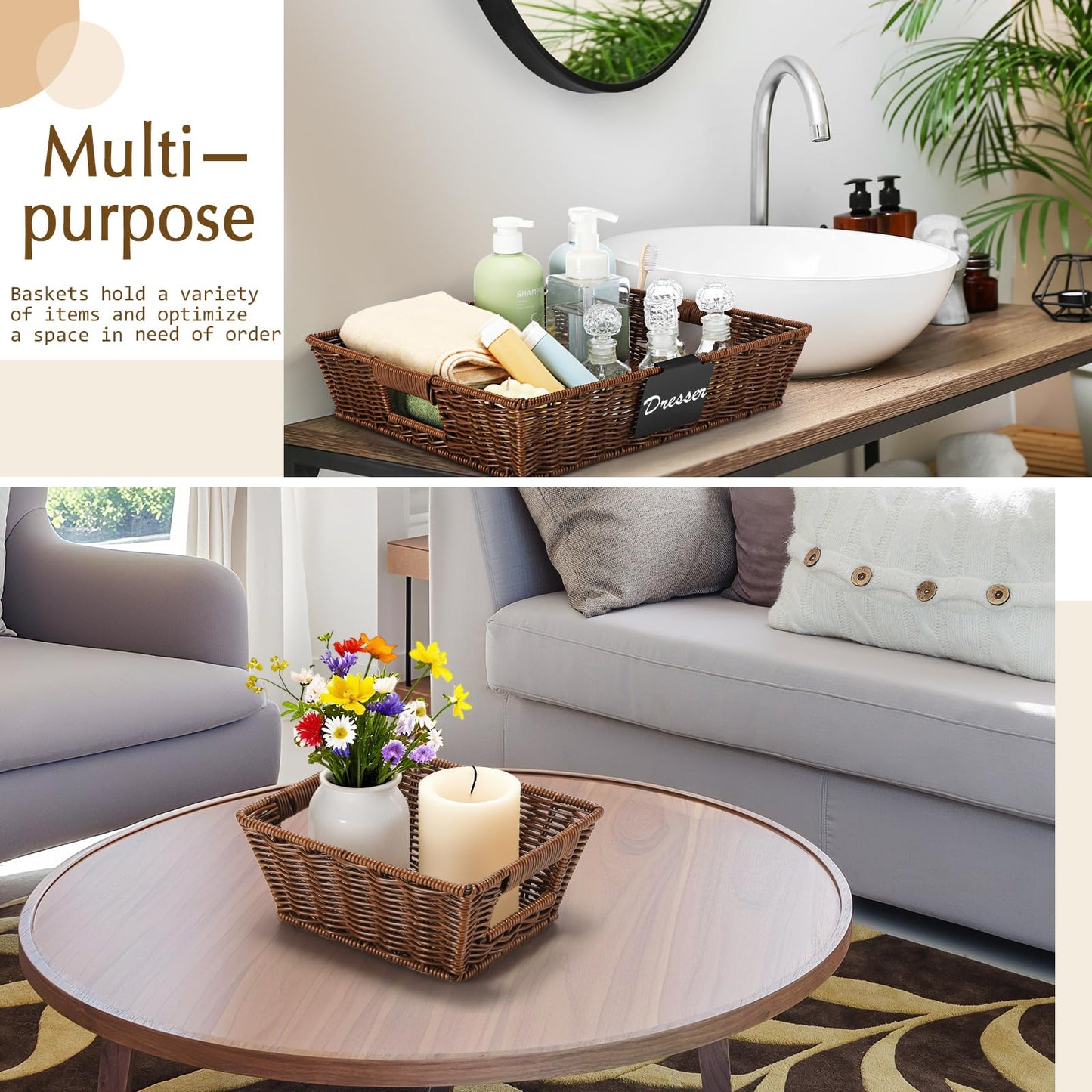 Marsui 9 Pcs Wicker Storage Baskets for Pantry Organization with Handle Labels Handwoven Multi-size Dark Brown Small Organizer Baskets Storage Bin Container for Shelves Closet Toilet Christmas Holiday