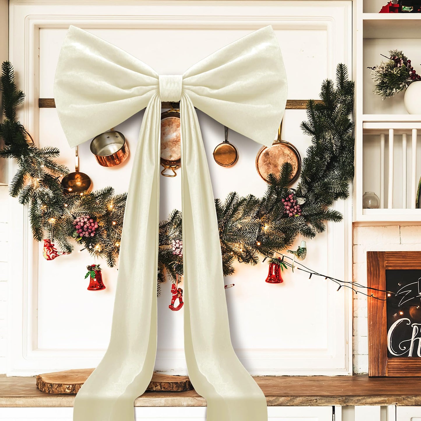 Knitgrip 20 x 71 Inches 1 Pack Christmas Extra Large Velvet Bows Christmas Tree Topper Bow Decor Giant Xmas Front Door Bows with Long Streamers for Home Wreath Wall Backdrop Party (Beige)