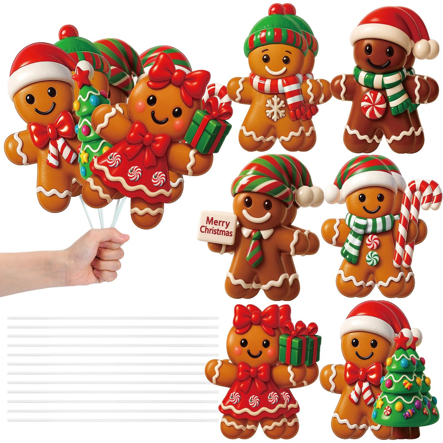 Giegxin 12pcs 10 x 8 Inches Gingerbread Man Christmas Tree Picks Gingerbread Christmas Decor with Sticks Cute Ornaments for Xmas Tree Topper Home School Office Garden Patio Winter Vase Holiday
