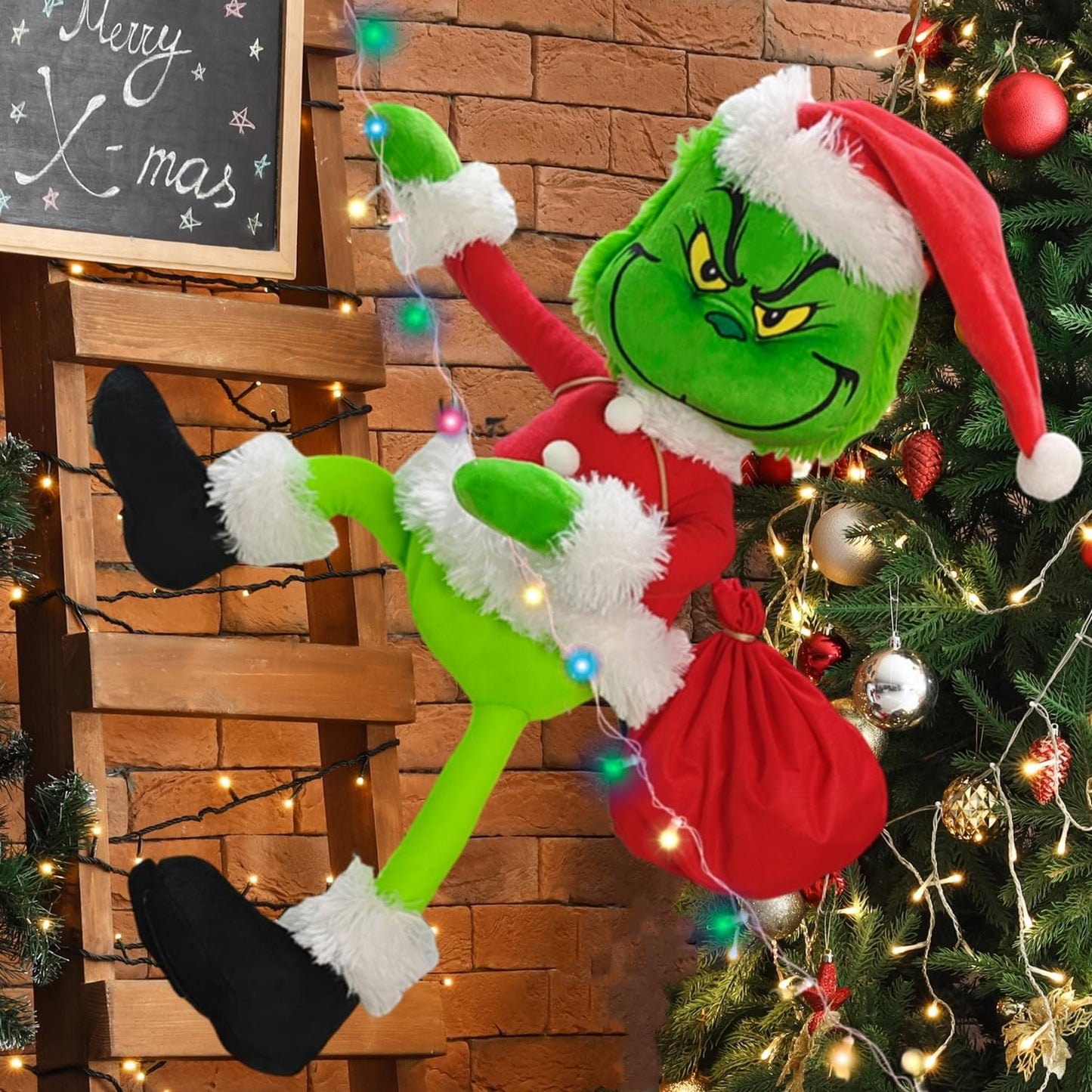 Christmas Green Monster Decorations, 23.6in Light Up Green Santa with LED String Lights Christmas Tree Ornaments, Pose-able Stuffed Doll for Outdoor Indoor Lawn Decoration