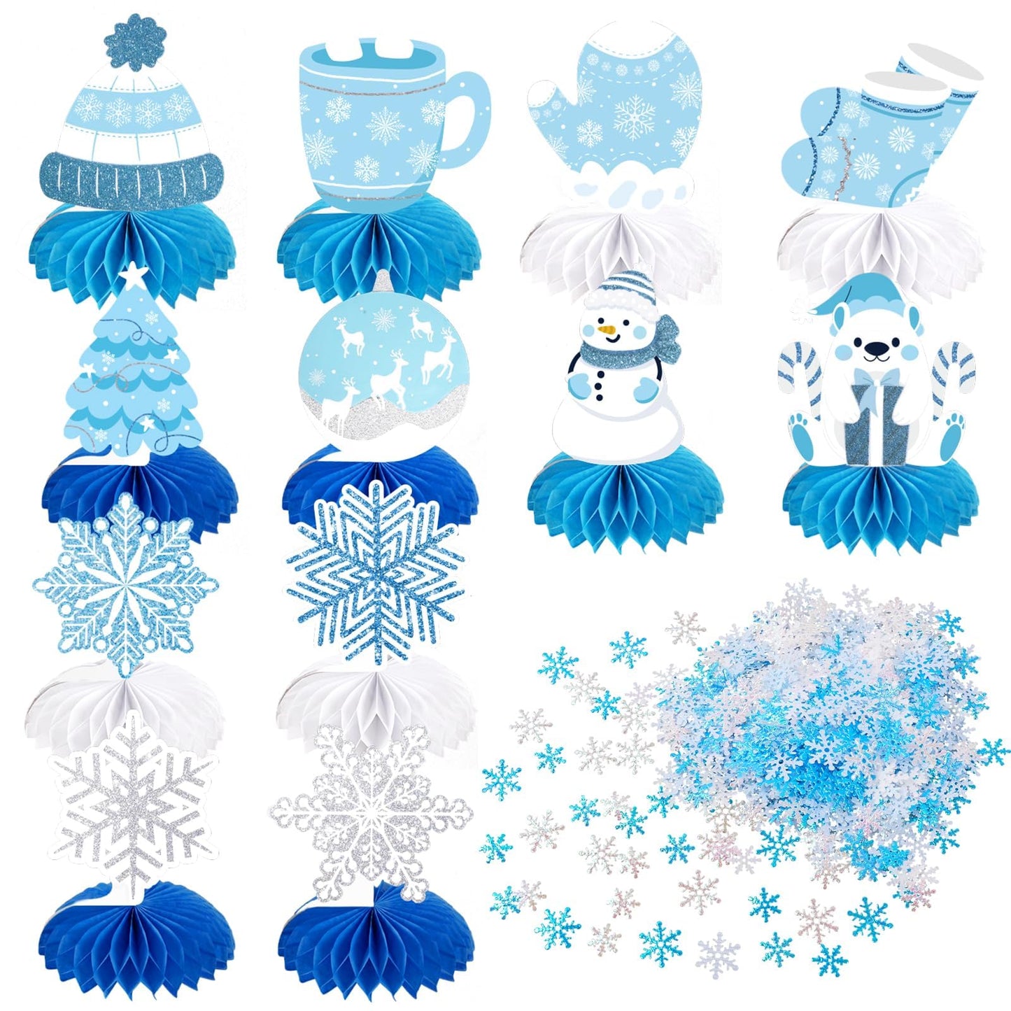Frozen Winter Wonderland Party Decorations - 12 Pack Winter Themed Snowflake Honeycomb Table Centerpieces and 600pcs Snowflake Confetti for Christmas Holiday Winter Birthday Baby Shower Party Supplies