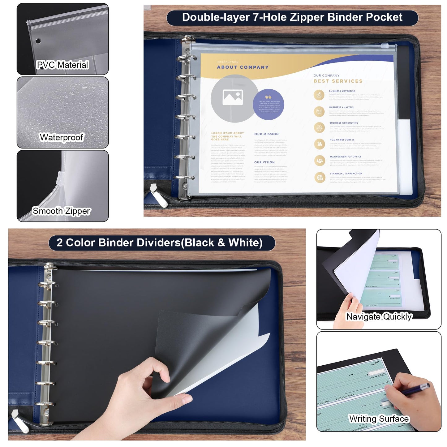 Antner Zippered 7 Ring Business Checkbook Binder Portfolio for 3-on-a-Page Business Checks, 600 Checks Capacity, PU Leather Check Binder Cover with Zipper Pouch & Dividers for 9x13 Sheets, Navy Blue