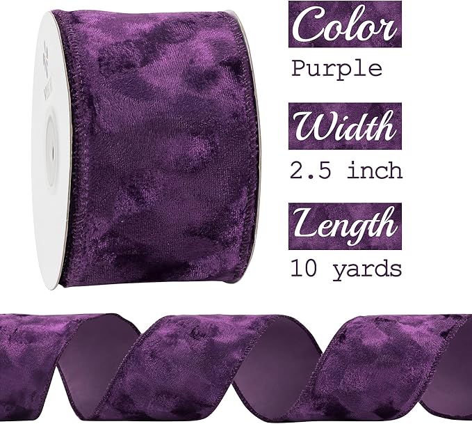 MEEDEE Purple Velvet 2.5 Inch Wired Ribbon - Crushed Velvet Christmas Ribbon, 10 Yards for Tree Decoration, Wreaths, Crafts