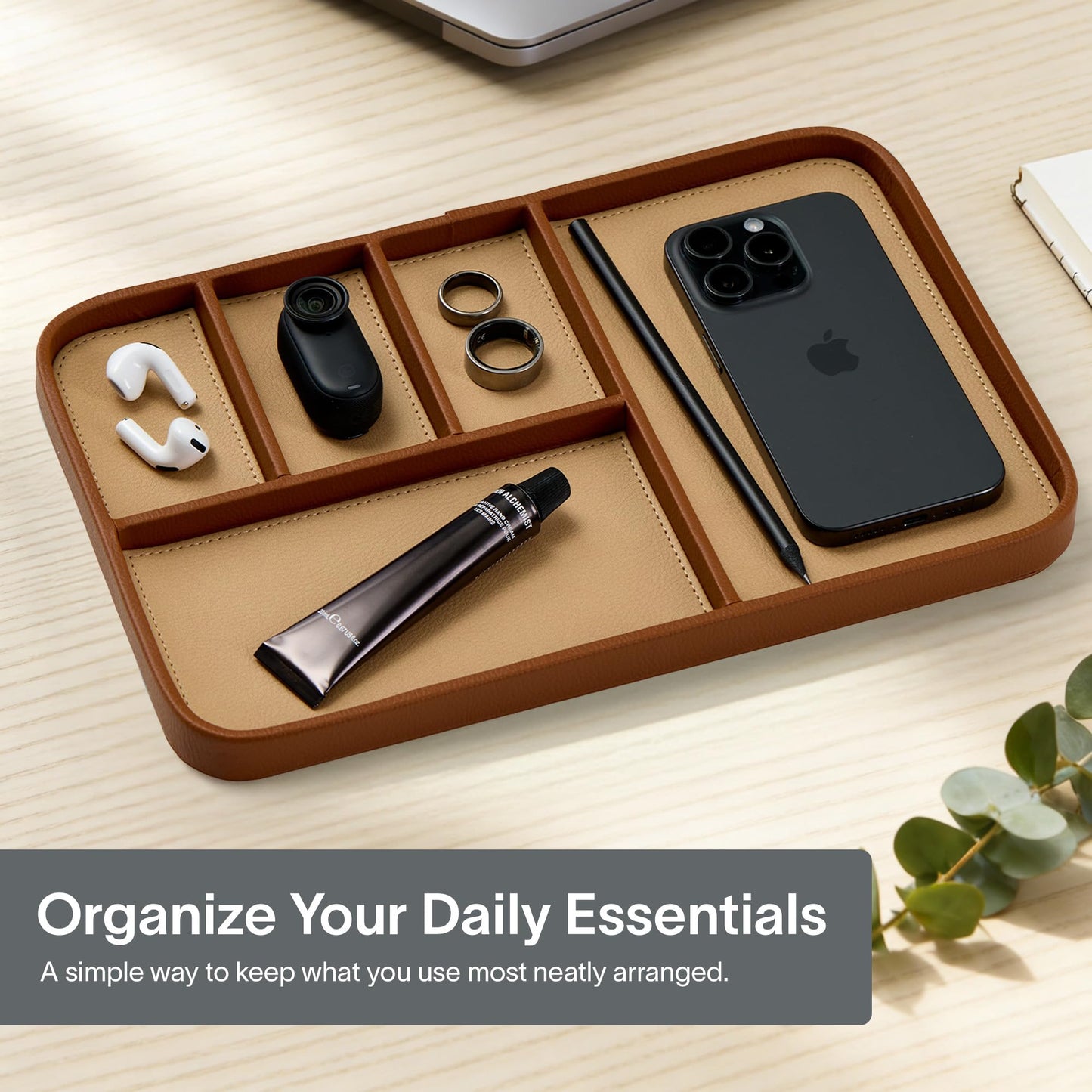 Nordik Leather Valet Tray - Sand Brown - 11.8x7.9 Inch Large Vegan Leather Tray - Stylish Nightstand Organizer for Men - Modern Bedside Caddy - EDC Catchall for Key Watch Wallet Jewellery