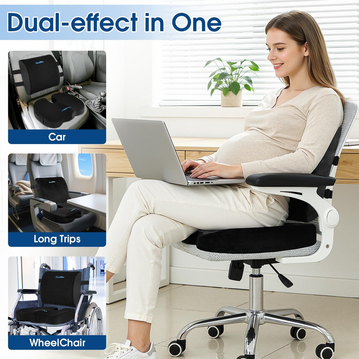 CloudBliss Lumbar Support Pillow & Seat Cushion Set for Office Chair, Desk Chair, Wheelchair & Car – Memory Foam Back Support, Ergonomic Chair Cushions, Sciatica Pain Relief, Home Essentials, Black
