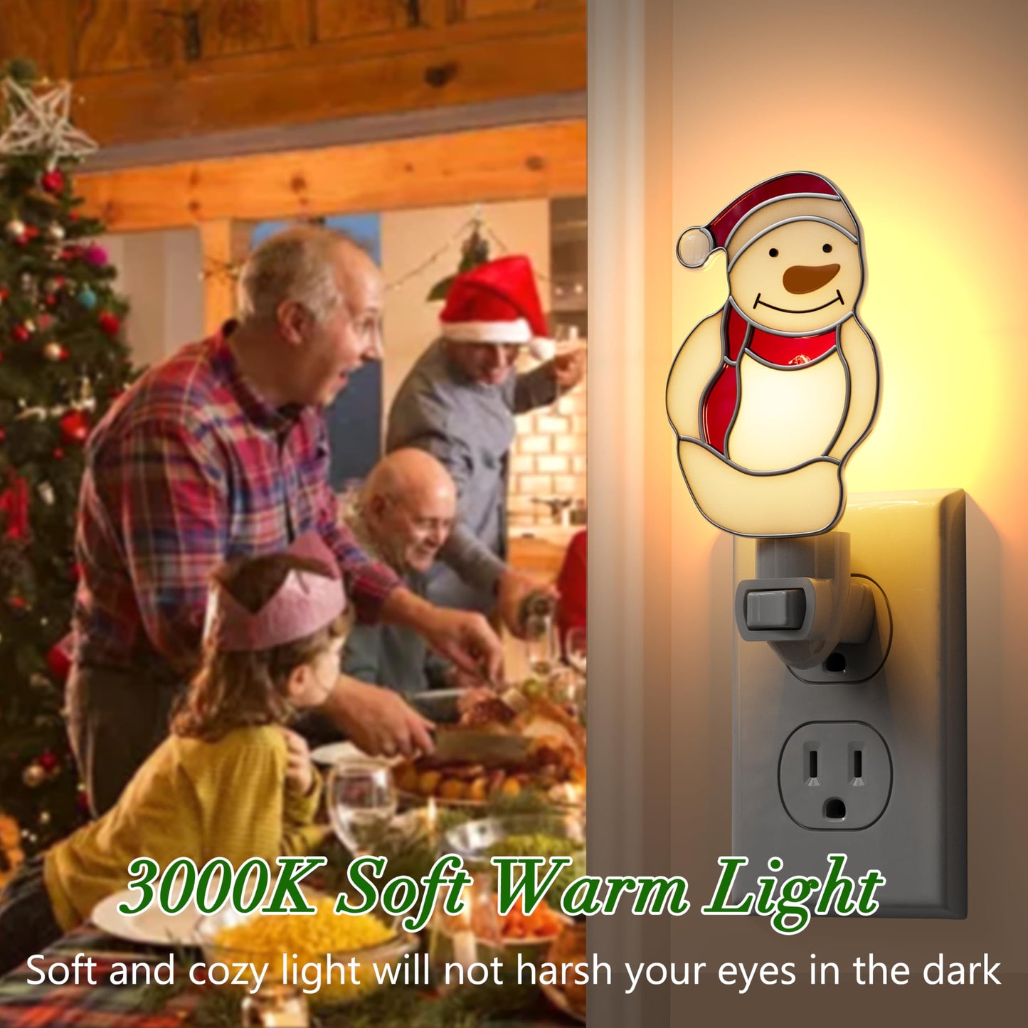 KUNDGLA Night Light Plug into Wall Stained Glass Christmas Snowmen Pretty Night Lights Plug in 7W Warm White Light Decorative Accent Nightlight Silver Chrome Nightlights Home Decor Gifts for Grandkids