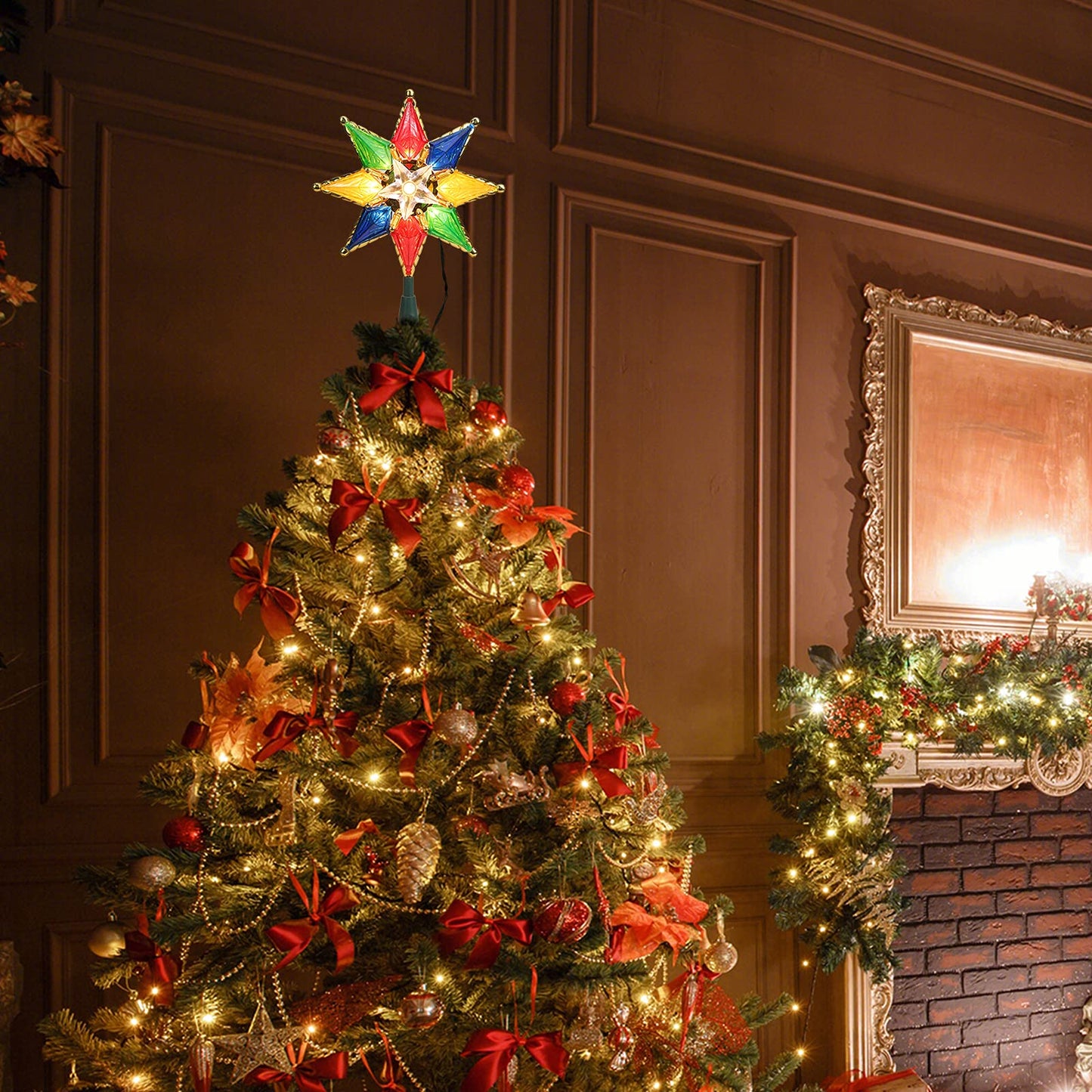 Brizled Christmas Star Tree Topper, 8" Lighted Double-Sided Christmas Tree Topper, 8-Point Multi Color Xmas Tree Topper with 10 Warm Lights, 120V UL Certified Tree Star for Christmas Tree Party Home