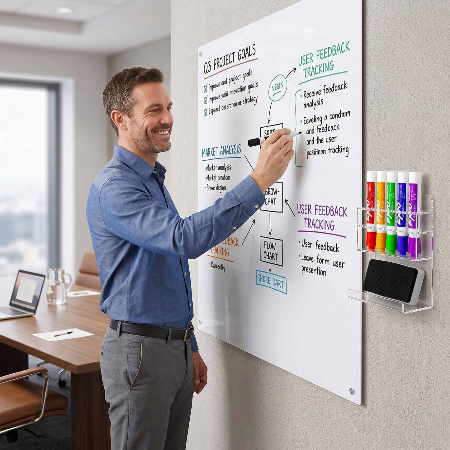 MyGift Wall Mounted Clear Acrylic Dry Erase Marker Holder Organizer for 5 Markers and Eraser, Hanging Whiteboard Accessories Rack for Office Home Dorm Classroom Meeting Room