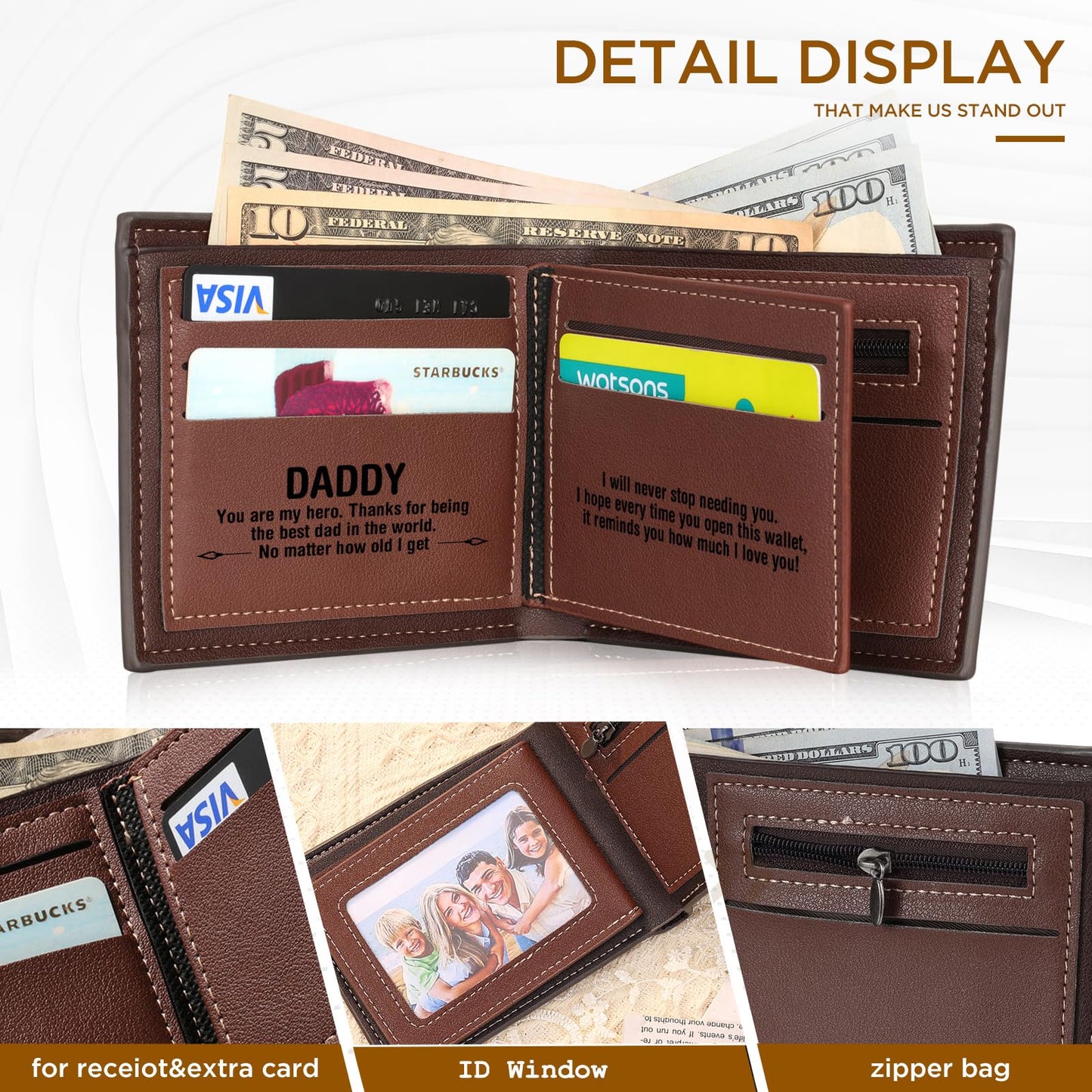 Amsgedhie Customized Wallet for Men Personalized Wallets for Men with Photo Name Bi-fold Leather Mens Wallet for Dad Boyfriend Grandpa Husband Birthday Christmas Valentines Gifts