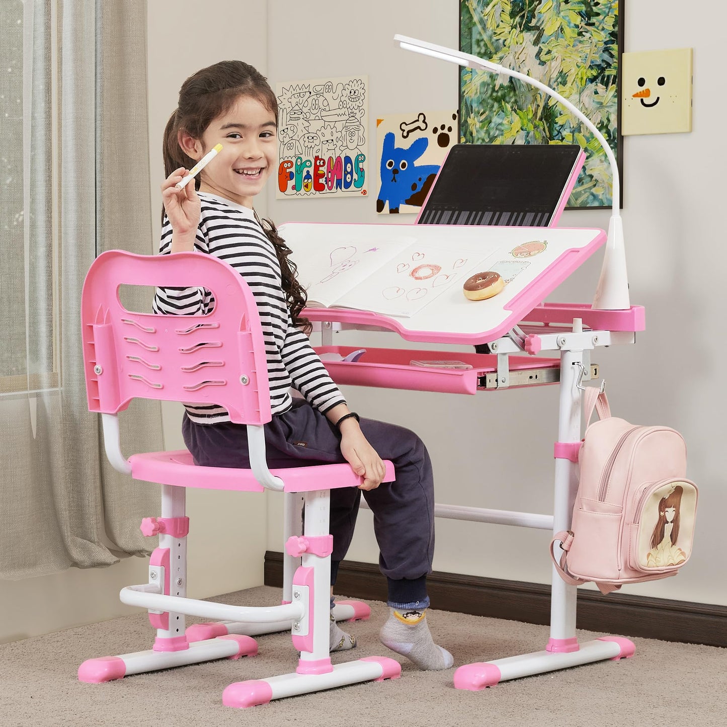 SMAGREHO Kids Desk and Chair Set, Height Adjustable Child's School Study Writing Tables with Tilt Desktop, LED Light, Storage Drawer, Book Stand (Pink)