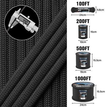 HOKINETY 1200 Paracord Rope - 4.4mm 14 Strand Nylon Parachute Spool para Cord Lanyard for Outdoor Camping Survival Utility Tent Crafting DIY Projects Fishing Clothsline Bracelet - Black 50FT