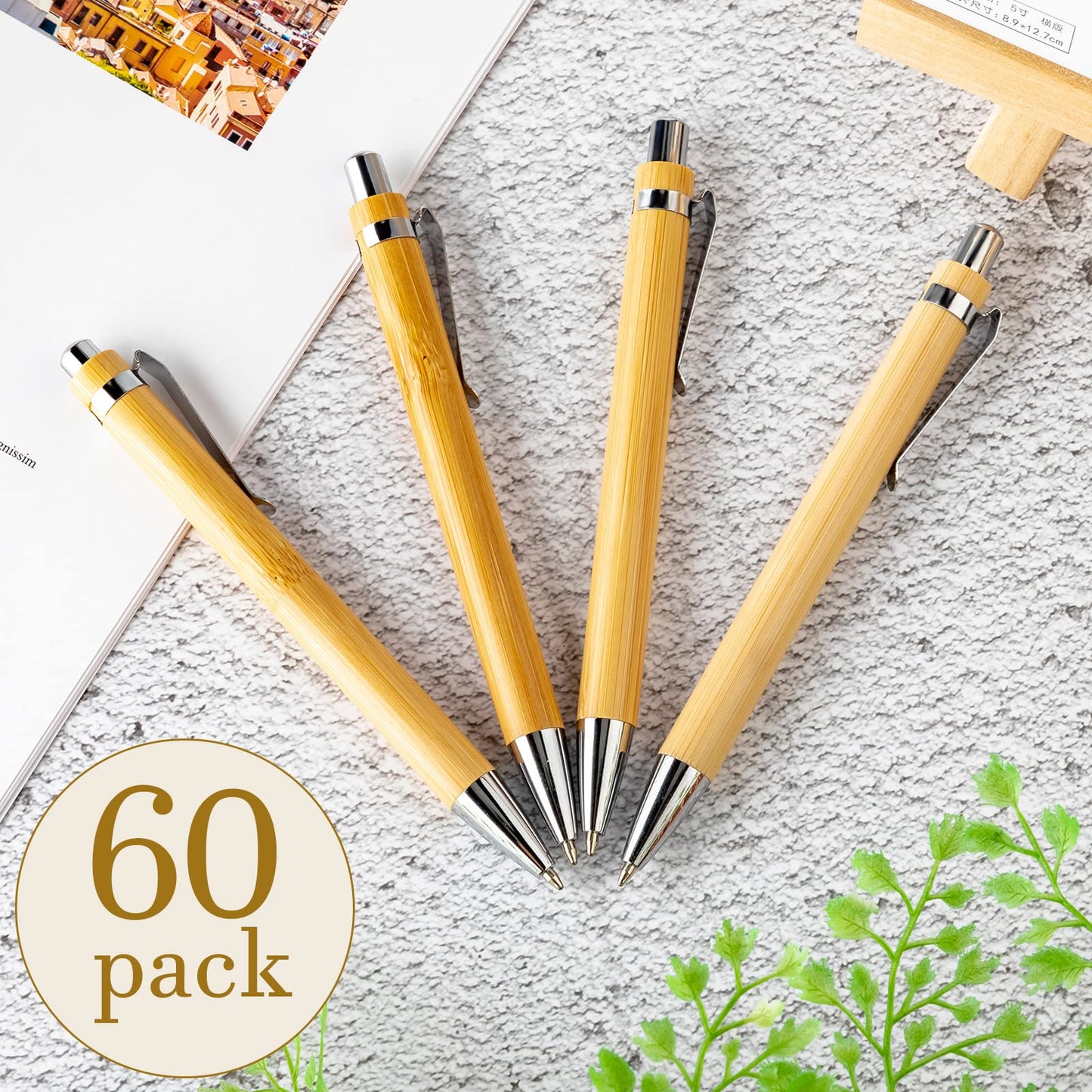 Leelosp 60 Pcs Bamboo Pen Retractable Ballpoint Pen Black Ink 1 mm Sustainable for Writing Office Products Wooden Bamboo Ballpoint for Journal Supplies Decorations