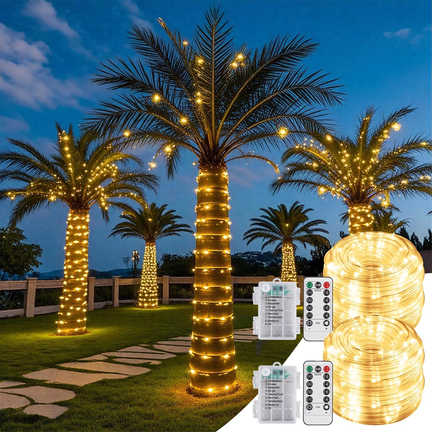 2 Pack Battery Powered String Lights Waterproof with Remote Total 66ft 200LED Timer 8 Modes Battery Operated Outdoor Lights for Christmas Decor Trampoline Camping Tents, Warm White