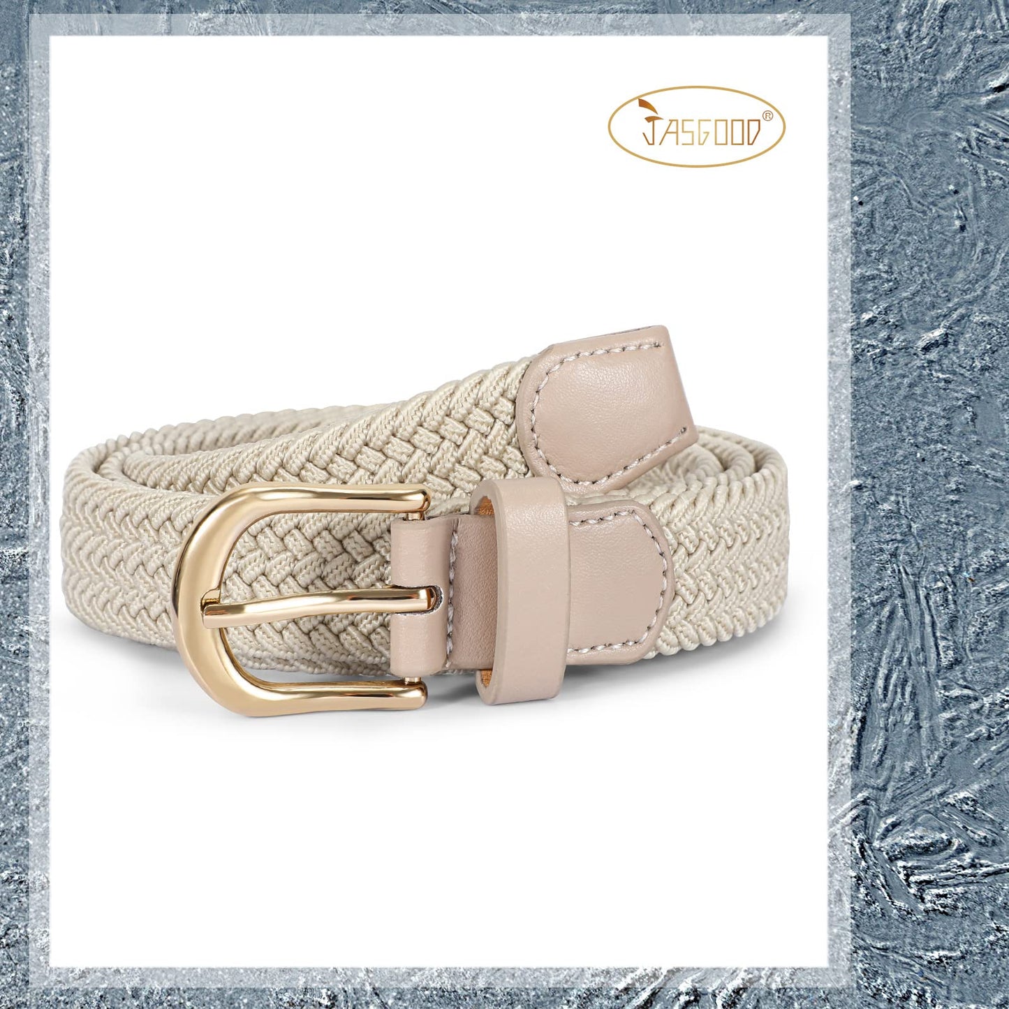 JASGOOD 2 Pack Braided Belts for Women, 1'' Narrow Width Elastic Woven Stretch Fabric Cloth Belts with Gold Buckle