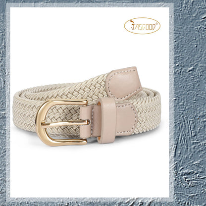 JASGOOD 2 Pack Braided Belts for Women, 1'' Narrow Width Elastic Woven Stretch Fabric Cloth Belts with Gold Buckle