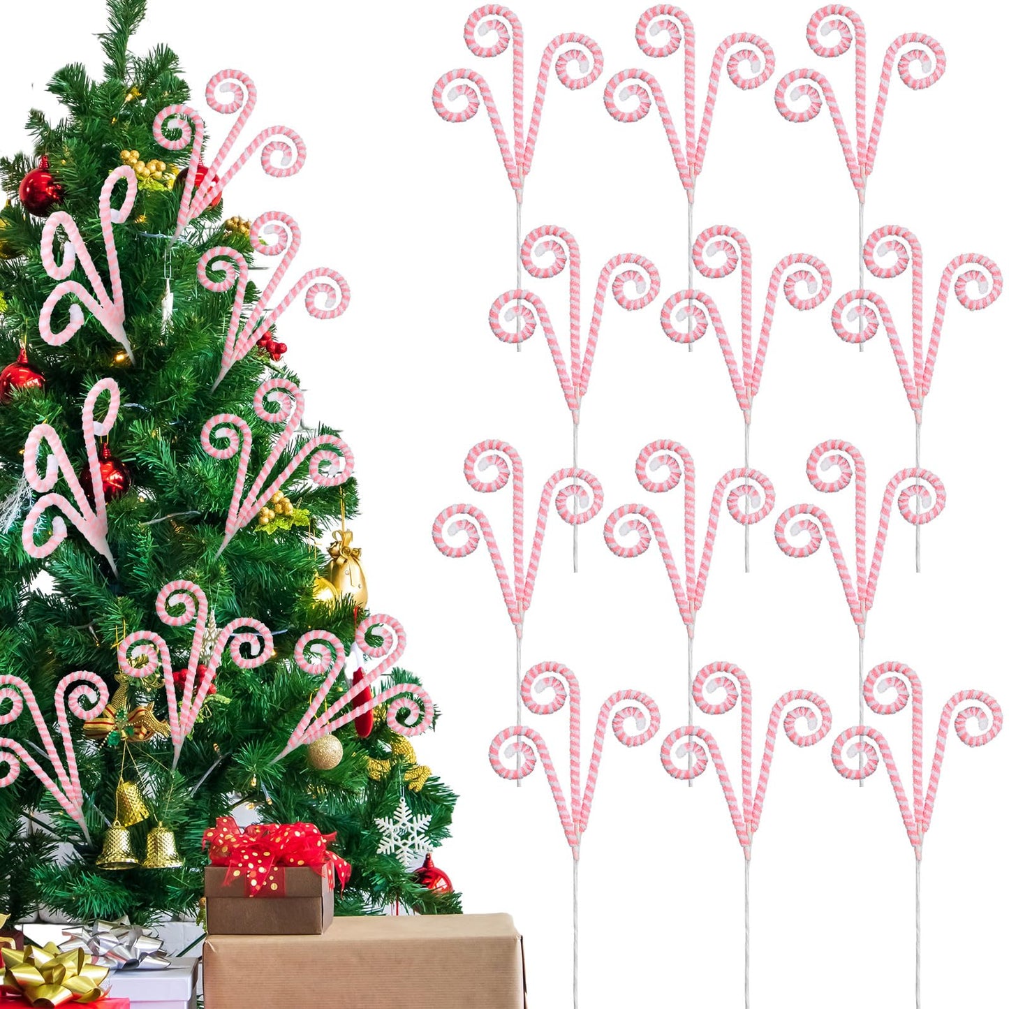 Wettarn 12 Pcs Christmas Tree Decorations Picks White Pink Woolen Candy Curly Picks for Christmas Tree Topper Ornaments with Fixed Wire Felt Striped Xmas Decoration DIY Craft for Party Decorations