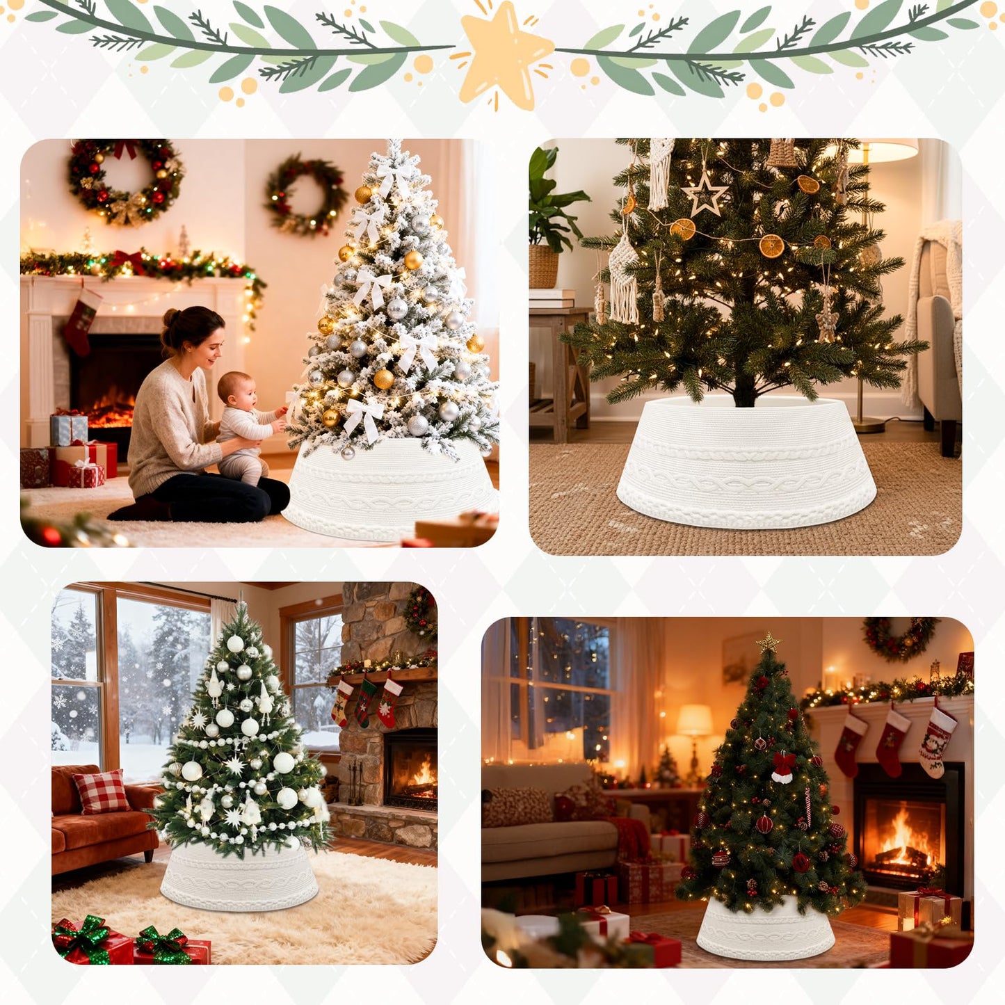 OurWarm 28 inch Christmas Tree Collar, Knit Cream White Christmas Tree Collars for Artificial Trees, Adjustable Tree Skirt Collar Base for 6ft 7.5ft 9ft Trees Holiday Home Indoor Xmas Tree Decoration