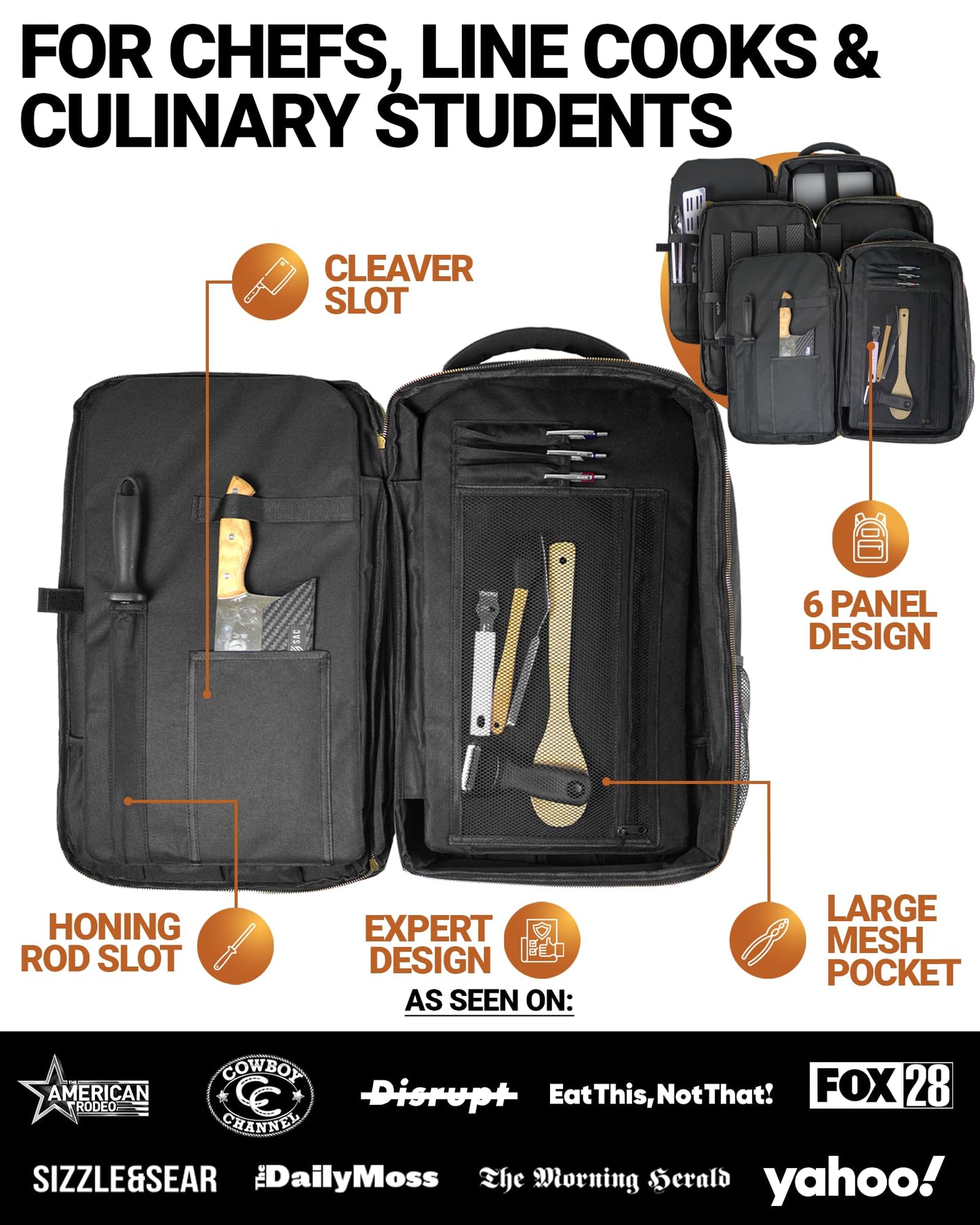 Chef Knife Backpack TRAVELLER - Patented Knife Retention Panels with Hook-and-Loop, Water Resistant 900D Polyester Canvas, YKK Zippers, Work Bag for Chefs & Culinary Students (Black)