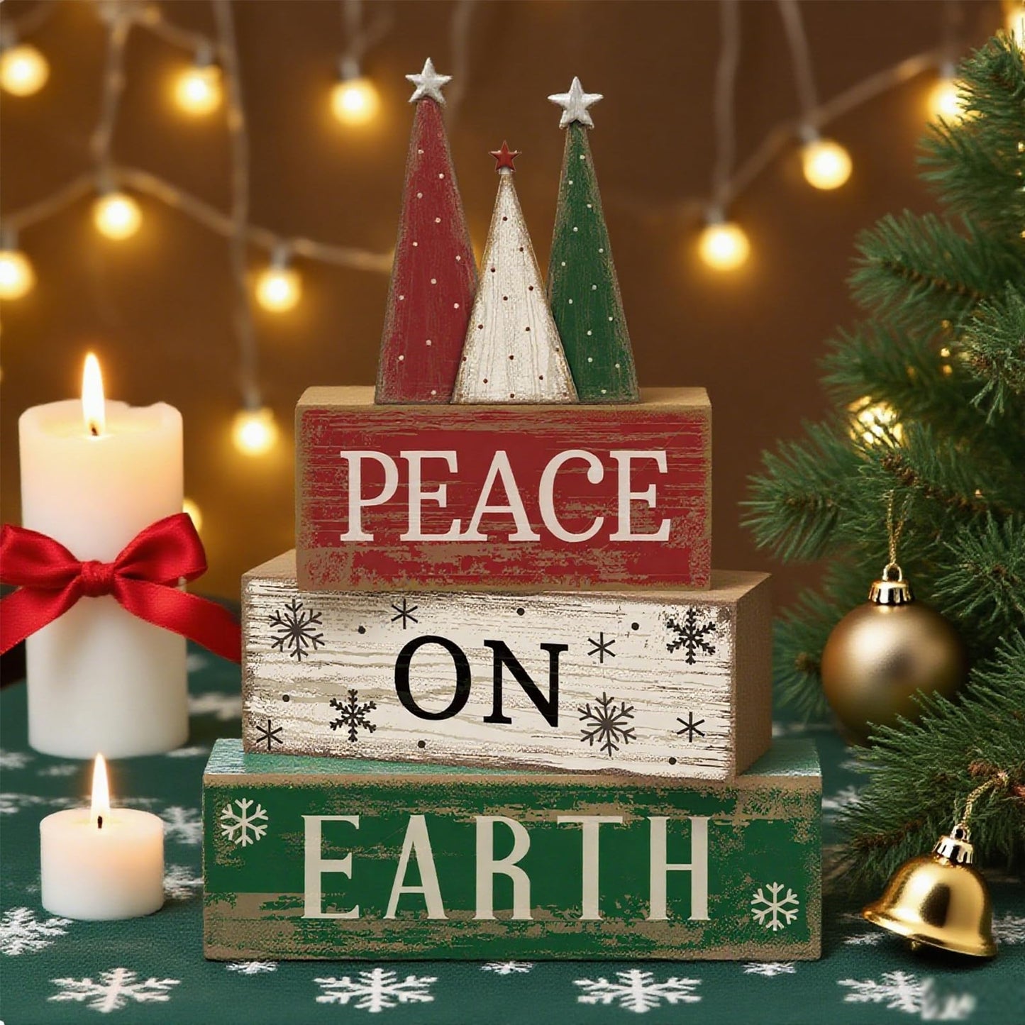 Lineshading 4 Pcs Christmas Table Decoration Wooden Christmas Tree Sign Winter Tiered Tray Decor Decorative Red Green and White Tree Block Signs Xmas Table Centerpiece Farmhouse Decor for Home Kitchen