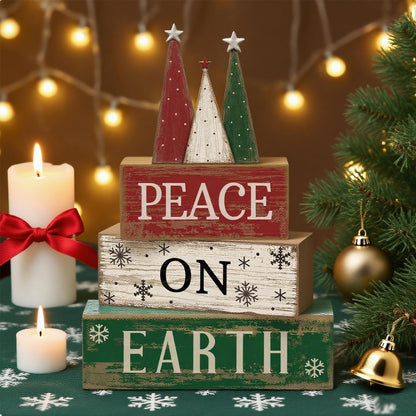 Lineshading 4 Pcs Christmas Table Decoration Wooden Christmas Tree Sign Winter Tiered Tray Decor Decorative Red Green and White Tree Block Signs Xmas Table Centerpiece Farmhouse Decor for Home Kitchen