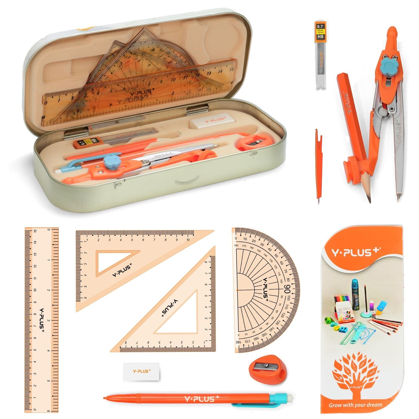 YPLUS Geometry Set for Students, Math Protractor Compass with Rulers Mechanical Pencil, Box of Protactors Kit for Class Supplies and School Kids Toddler - 12 Pcs, Back to School Supplies for Kids