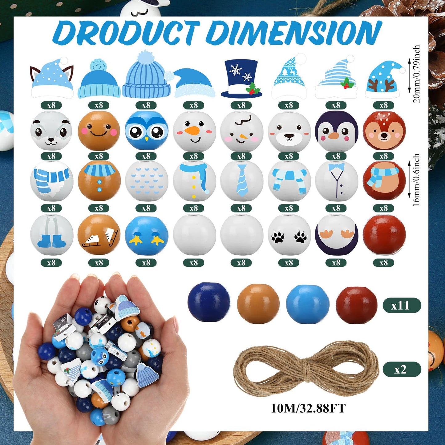 Geelin 300 Pcs Christmas Wood Beads with Twine - Santa Gingerbread Snowman Winter Animals Wooden Round Bead for Hanging Ornaments DIY Crafts Garland Holiday Tree Decor(Winter Animals)
