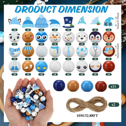Geelin 300 Pcs Christmas Wood Beads with Twine - Santa Gingerbread Snowman Winter Animals Wooden Round Bead for Hanging Ornaments DIY Crafts Garland Holiday Tree Decor(Winter Animals)