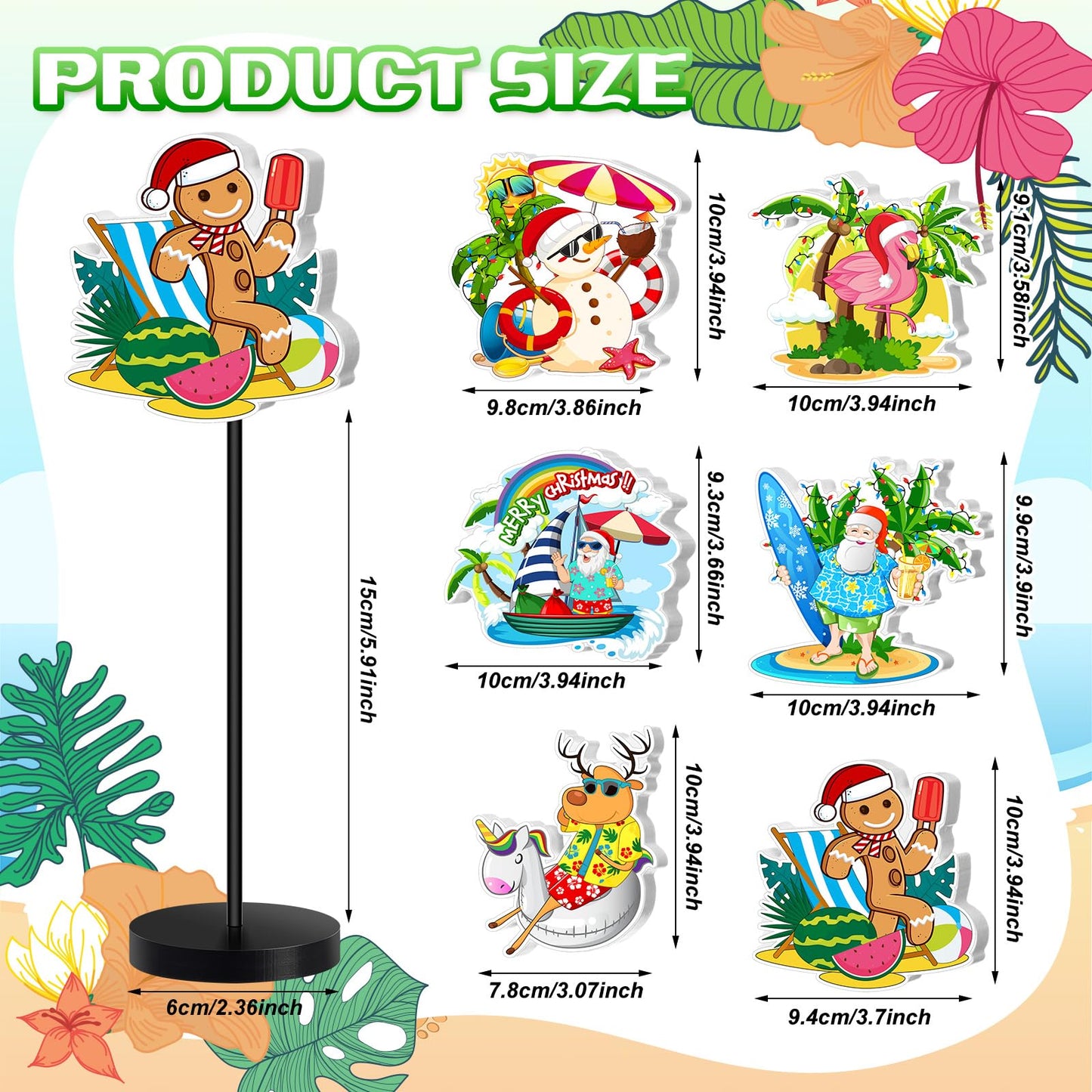DoubleFill 6 Pcs Christmas Table Decor Standing Signs Hawaii Decoration for Table Centerpieces Wooden Sign Santa Flamingo Palm Tree Beach Party Tabletop Decor for Home Office Room Desk