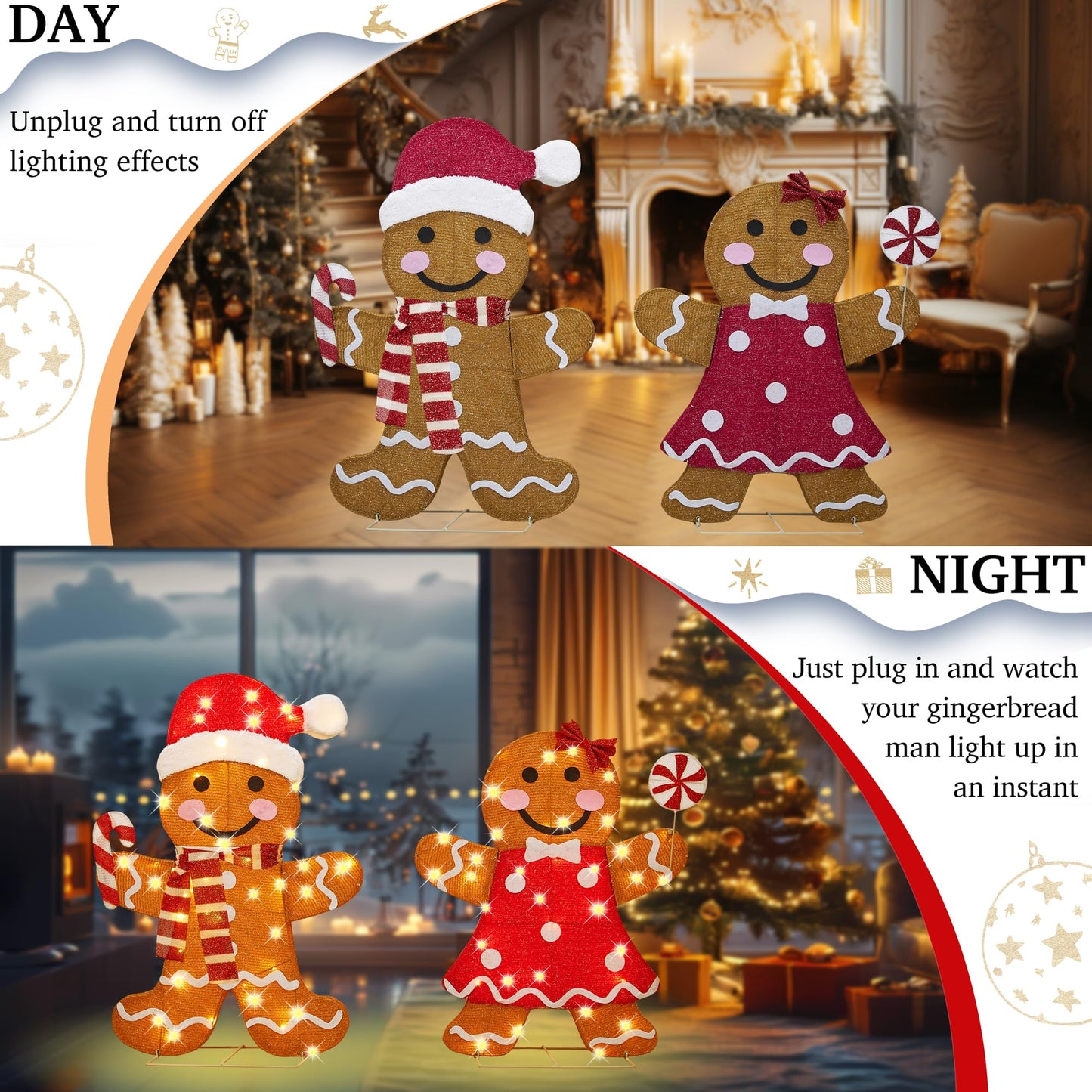 32 Inch 3D Lighted Gingerbread Man Decorations - 2-Piece Outdoor Christmas Decorations with 80 Warm White LEDs, Christmas Yard Decorations Display for Garden, Storefront, Patio