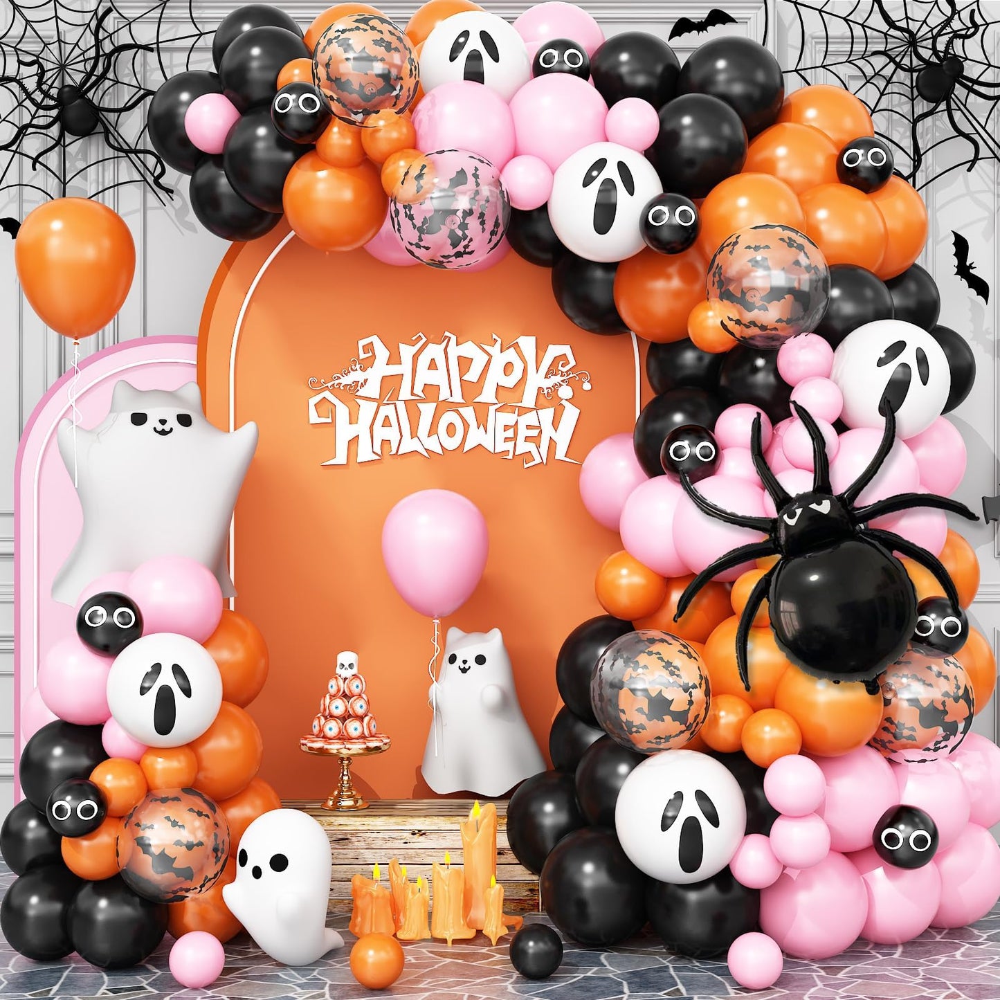 Halloween Balloons Arch Pink Black Orange Balloons Garland with Spider Foil Black Orange Pink Latex Balloon Bat Ghost Eyes Balloon for Party Haunted House Birthday Decorations