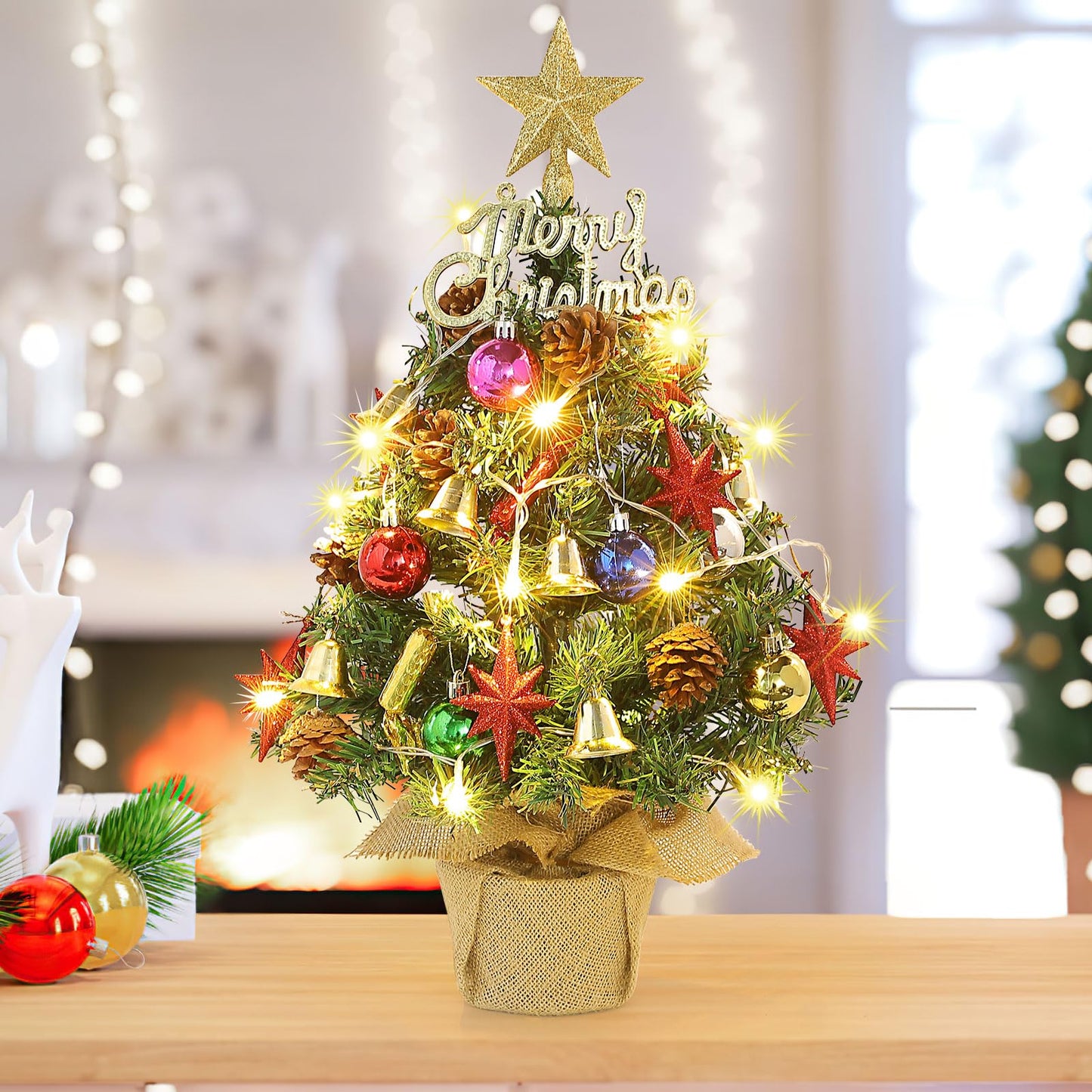 Tabletop Christmas Tree 21.65 Inch Mini Artificial Christmas Tree with 20 LED String Lights, Star Tree, Pine Cones Ornaments, Small Xmas Tree for Holiday Indoor DIY Christmas Decor