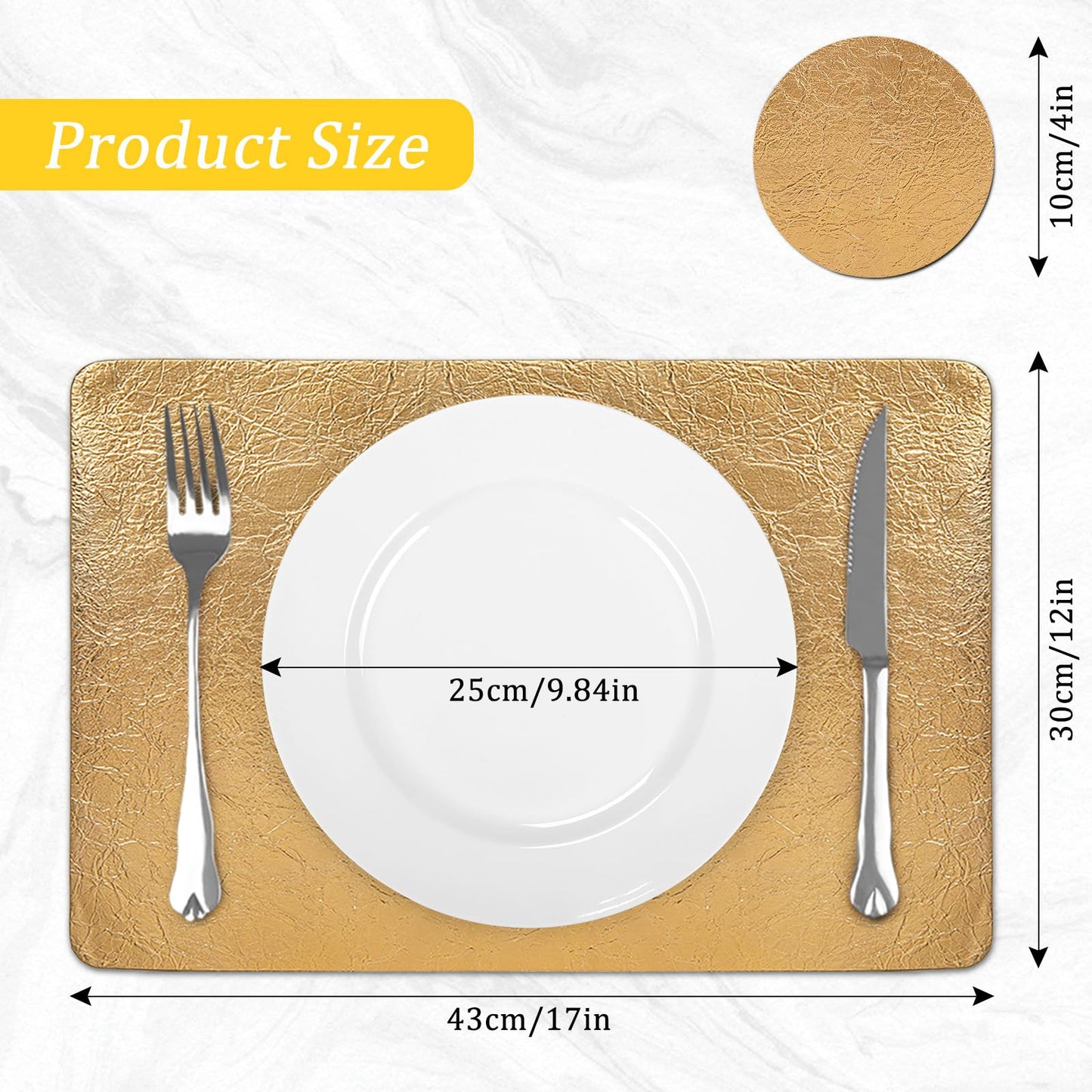 comfoyar Faux Leather Placemats Set of 6 with Coasters, 12x17inch Non-Slip Heat Resistant Dual-Sided Gold Crackled Place Mats, Washable Waterproof Table Mats for Kitchen Dining Party Table Decoration