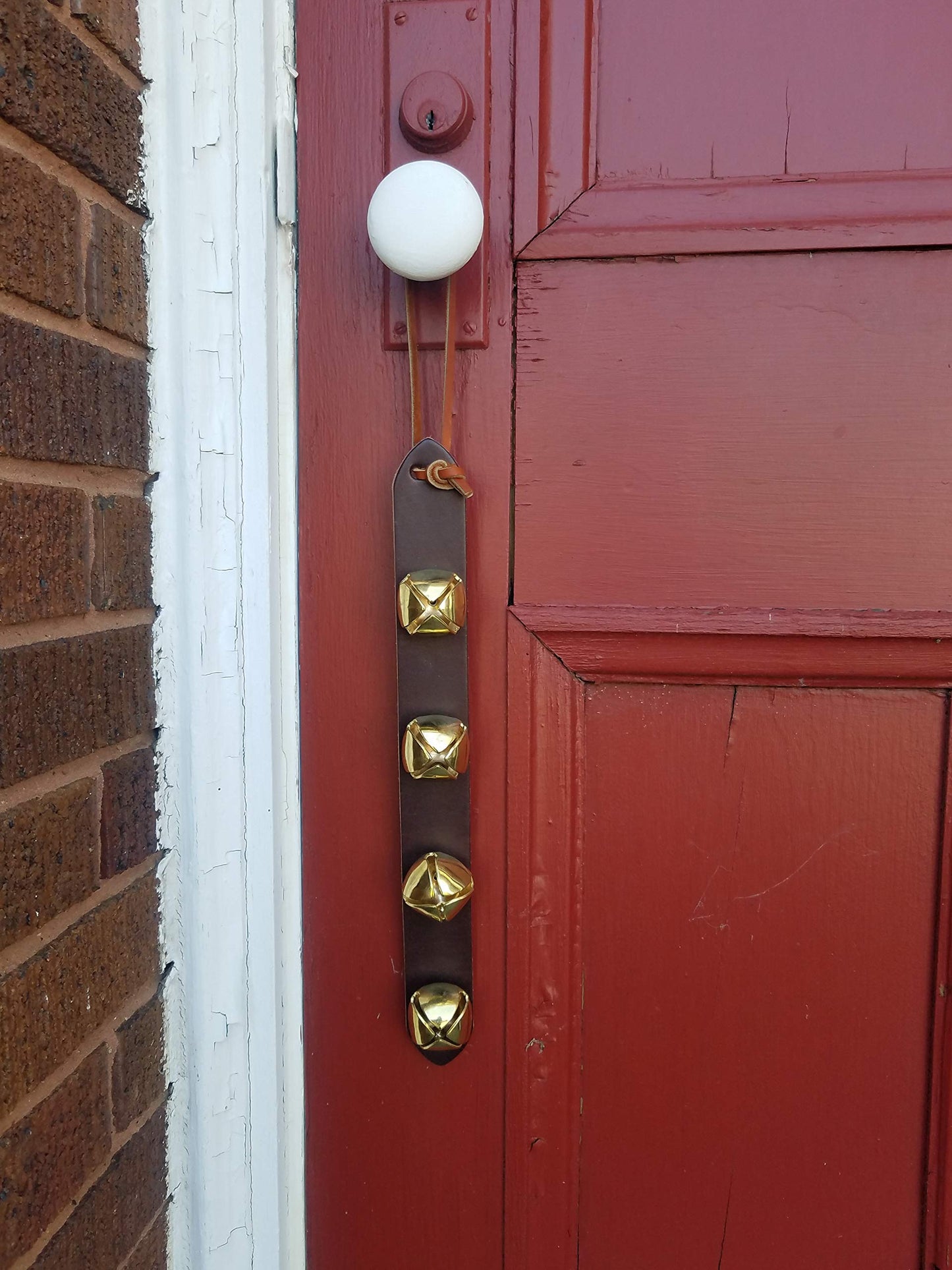 Amish Crafted Leather Strap Arctic Sleigh Bell Door Hanger Hanging Jingle Bells (Brown Leather, 14 Inches)