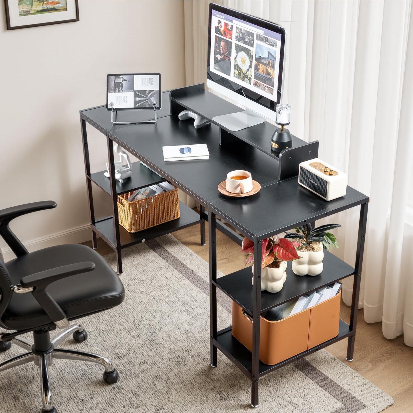 MINOSYS Computer Desk 55-inch with Storage Shelf - Black Ideal Gaming Desk for Bedrooms, Small Spaces, and Home Offices Modern Writing Desk for PCs.
