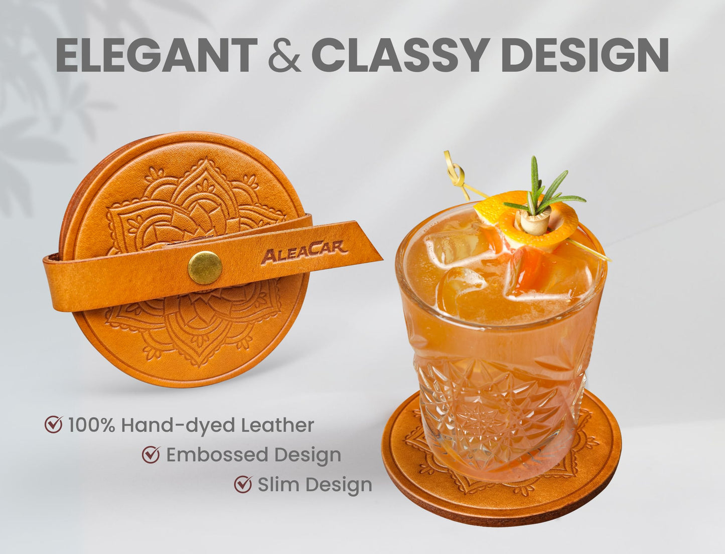 ALEACAR Handmade Leather Coasters 4" for Drinks - Set of 6 Modern Cup Coaster for Coffee, Wine, Desk, Table, Office - Coster for Outdoor Patio, Perfect Housewarming Gift & Home Décor (WoodBrown)
