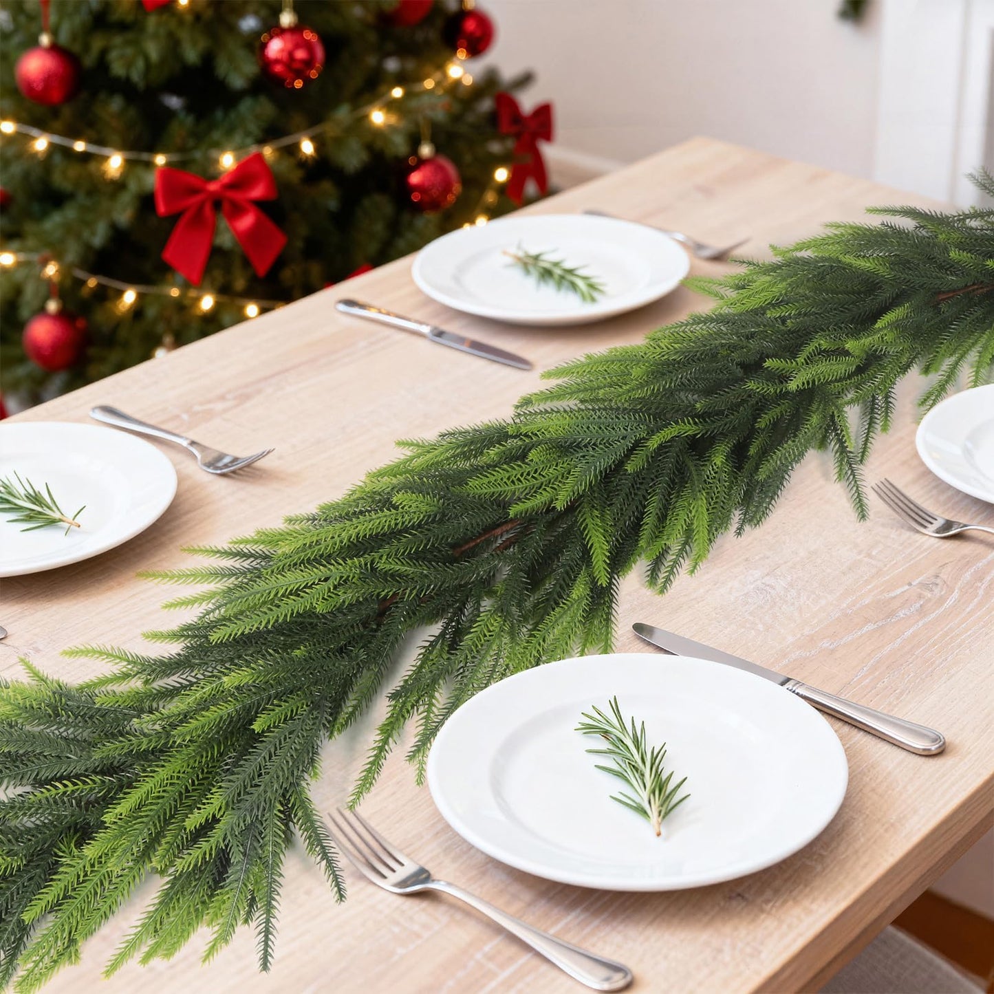 PABREY Artificial Norfolk Pine Garlands, 2 Pcs 6 Ft Real Touch Garlands, Winter Green Greenery Christmas Garlands for Mantle, Table, Wall, Outdoor, Indoor Christmas Decorations (6 FT, 2)