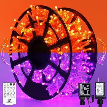 JMEXSUSS Christmas Lights, 8 Modes Waterproof Christmas Light Outdoor Plug in, Clear Wire String Lights Indoor Bedroom 500 LED Orange and Purple 163 FT