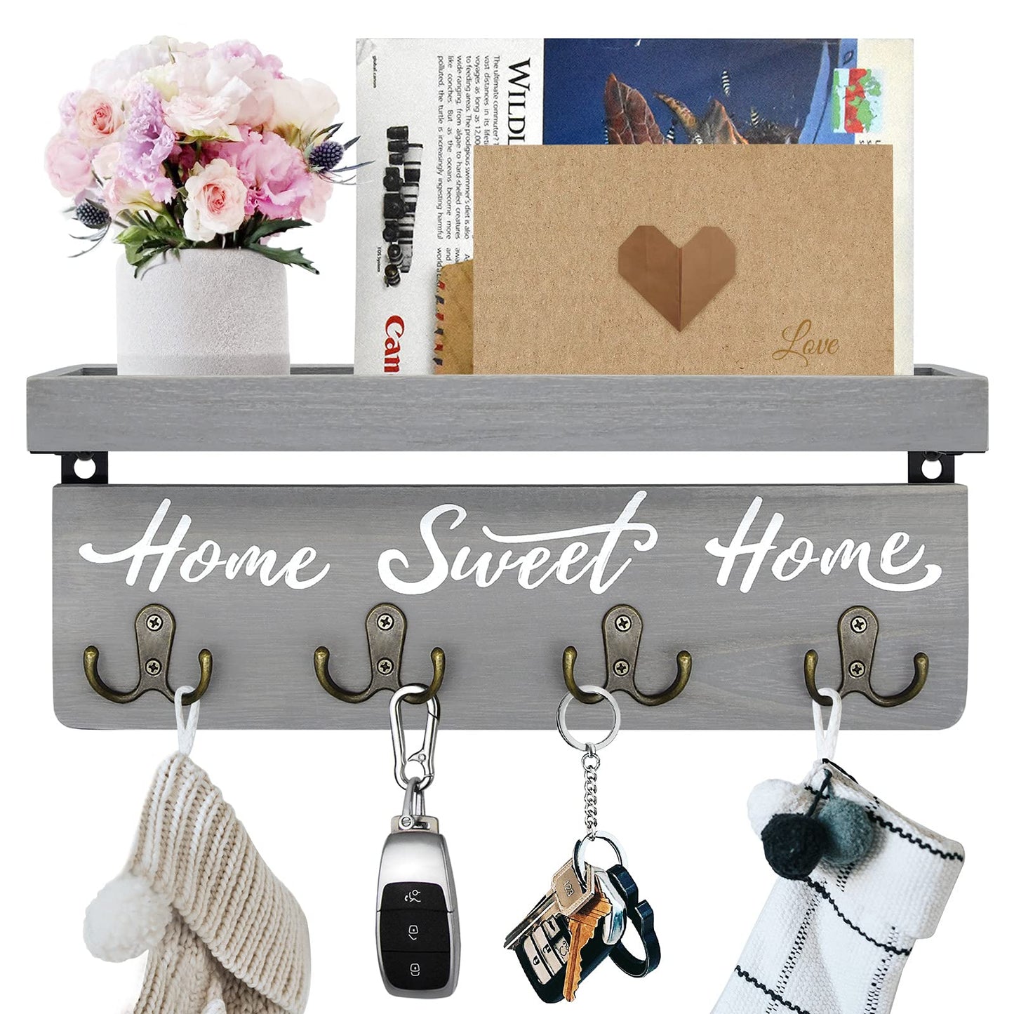 buways Key Holder Wall Mount with 4 Double Hooks-Solid Wood Wall-Mounted Organizer for Keys&Mail Rustic Key Rack Hanger Holder Home Decor for Entryway Living Room (Gray)