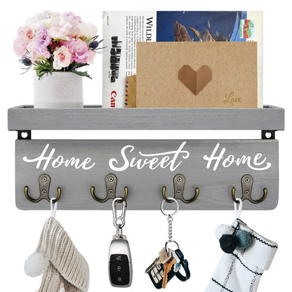 buways Key Holder Wall Mount with 4 Double Hooks-Solid Wood Wall-Mounted Organizer for Keys&Mail Rustic Key Rack Hanger Holder Home Decor for Entryway Living Room (Gray)