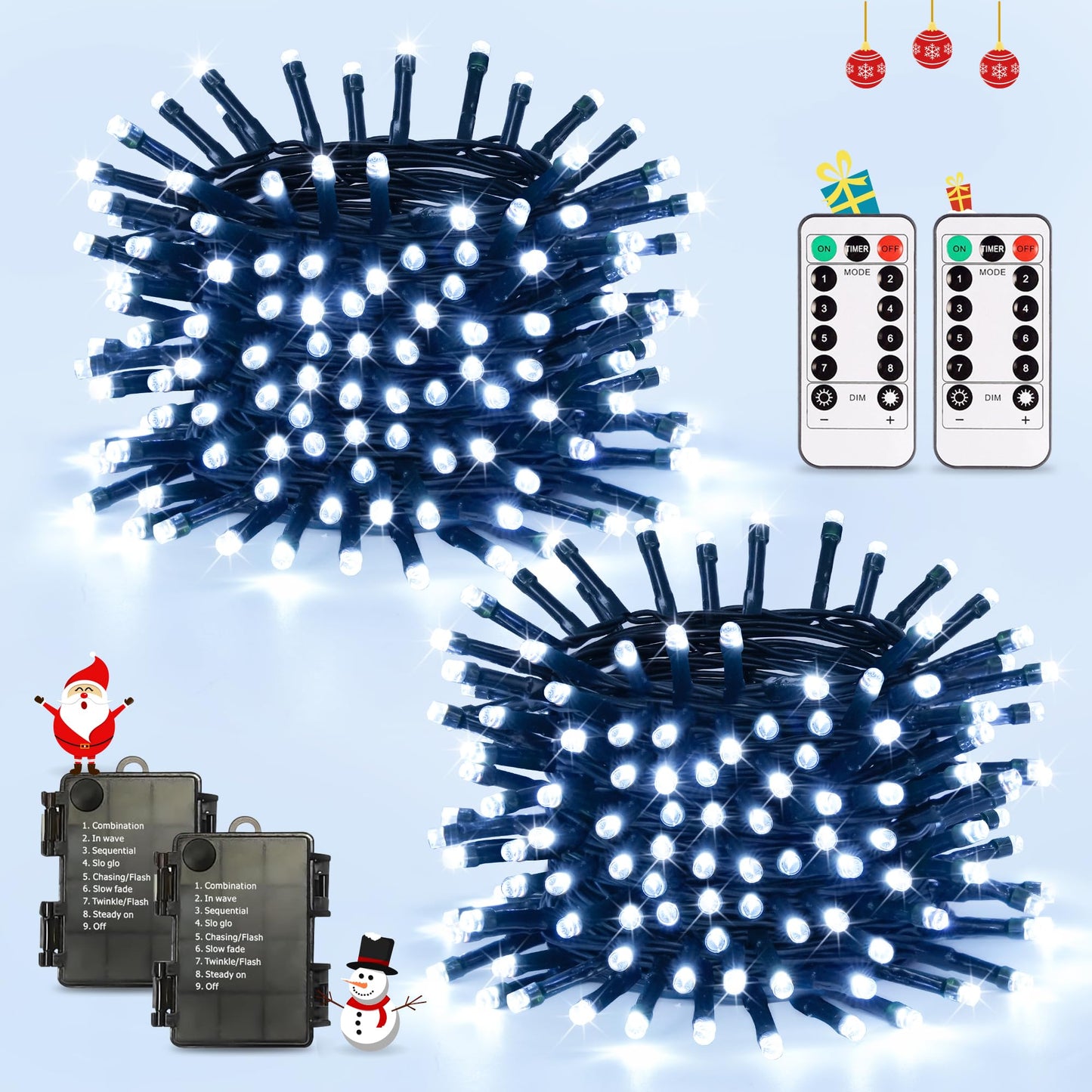 JMEXSUSS White Christmas Lights Outdoor Waterproof, Each 33 FT Battery Operated String Lights with Remote, 2 Pack 100 LED Christmas Tree Lights Indoor Outdoor for Party Garden Porch Yard Decor