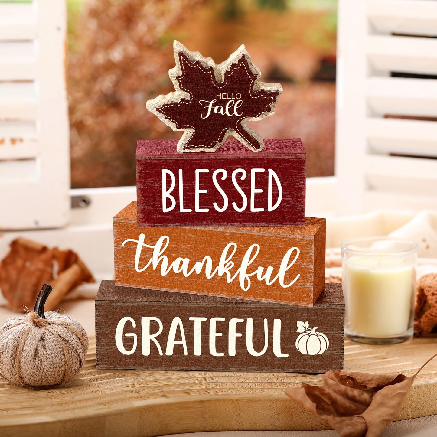 Yousoontic 4 Pcs Hello Fall Wooden Table Decorations Maple Leaf Autumn Rustic Block Signs Centerpiece Tiered Tray Decor Thanksgiving Wood Farmhouse Tabletop Decor Gift for Kitchen Entryway Home Desk
