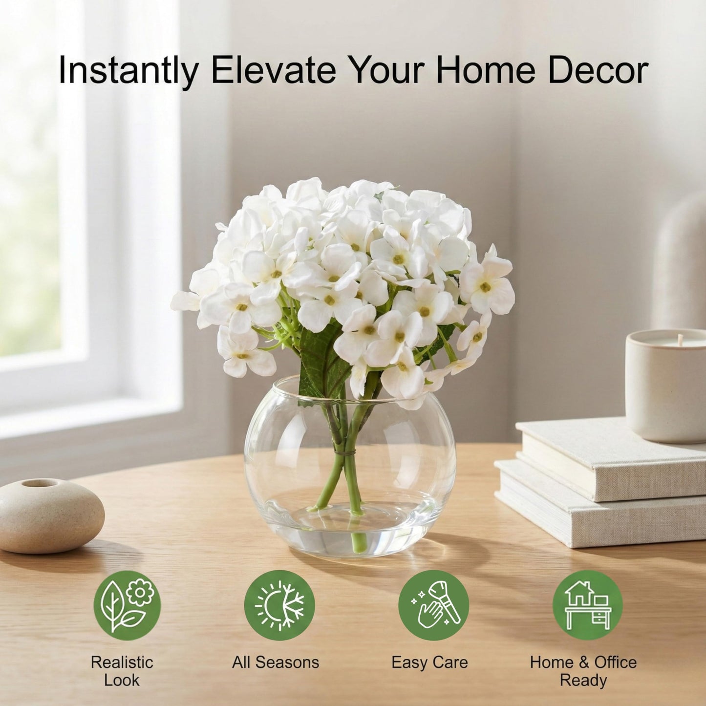 CZWBE 2 Pcs Hydrangea Artificial Flowers - Fake Flowers Real Touch Floral Arrangement with Faux Water in Glass Vase, Home, Bathroom and Office Table Centerpiece Decor（White）