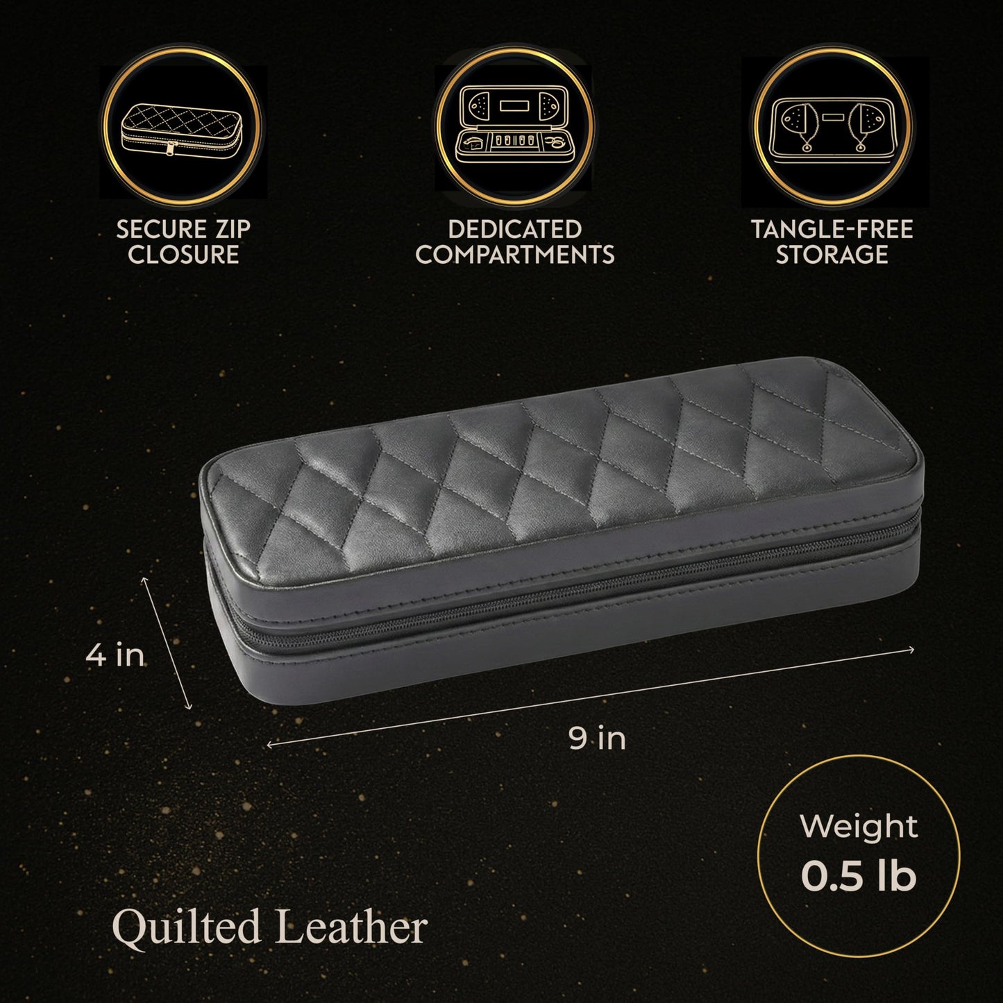 Bey-Berk Diamond-Quilted Leather Travel Jewelry Case, Black, 9" x 4" x 1.75"