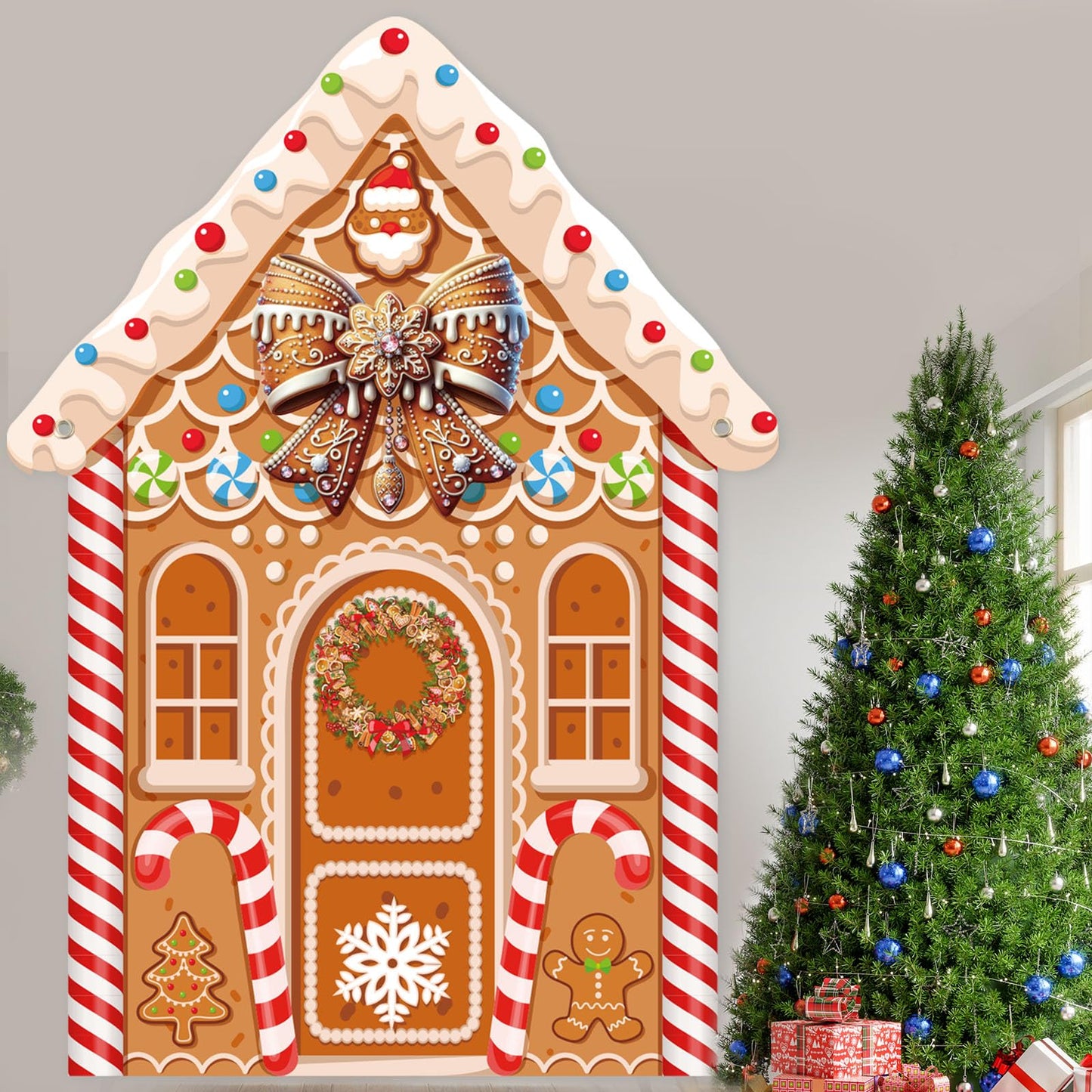 Panelee Large Christmas Gingerbread House Decorations, Gingerbread House Backdrop Photo Prop, 8 x 6 ft Fabric Xmas Candy Backdrop Decor for Holiday Party Decor