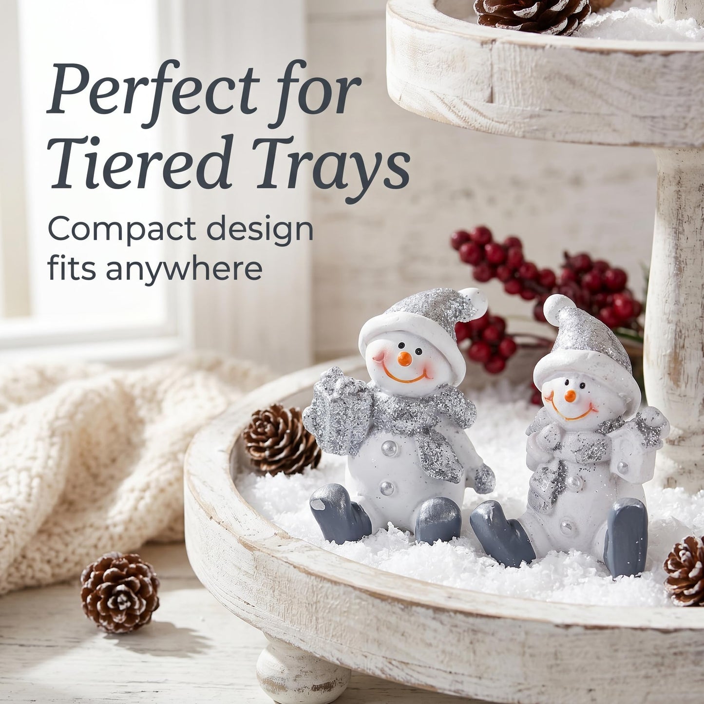 Brizoria Snowman Decor Christmas Decorations Indoor Sitting Resin Figurines Set of 2 Silver Glitter Finish with Gift Box and Lantern Winter Tabletop Mantel Shelf Holiday Display