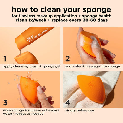 Real Techniques Miracle Complexion Sponge, Makeup Blending Sponge, For Liquid & Cream Foundation, Offers Light To Medium Coverage, Natural, Dewy Makeup, Orange Sponge, Latex-Free Foam, 1 Count