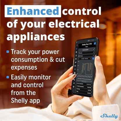 Shelly Plus 1PM | WiFi Smart Relay Switch with Power Metering | Home Automation | Bluetooth Gateway | Compatible with Alexa & Google Home | iOS Android App | No Hub | Wireless Lighting Control