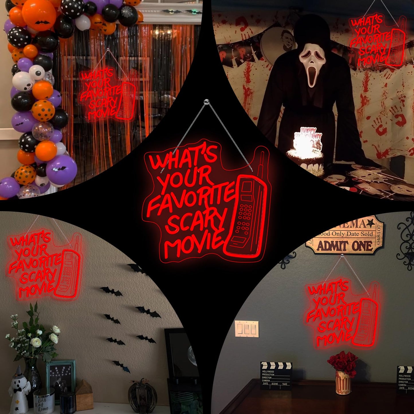What’s Your Favorite Scary Movie Neon Sign – Red LED Wall Light with Retro Phone Design – Horror Movie Night & Halloween Party Décor